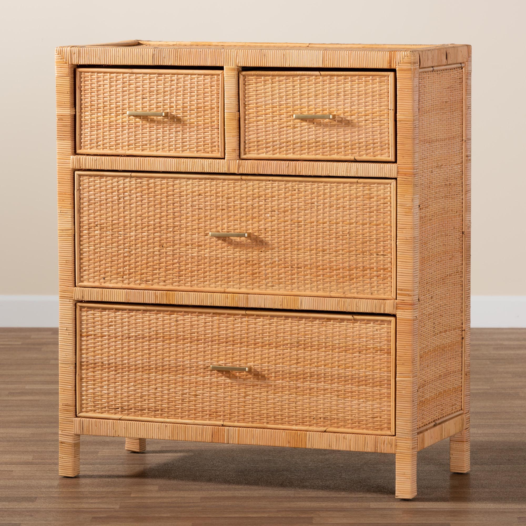 Vaere Modern Bohemian Natural Brown Rattan and Mahogany Wood Storage Cabinet