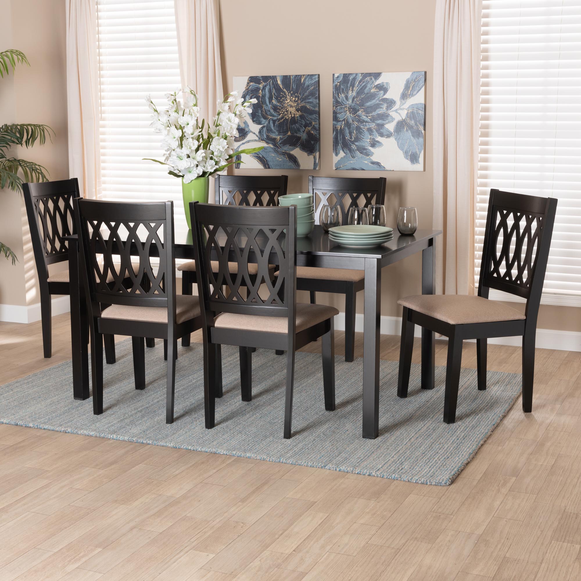 Florencia Modern Beige Fabric and Espresso Brown Finished Wood 7-Piece Dining Set