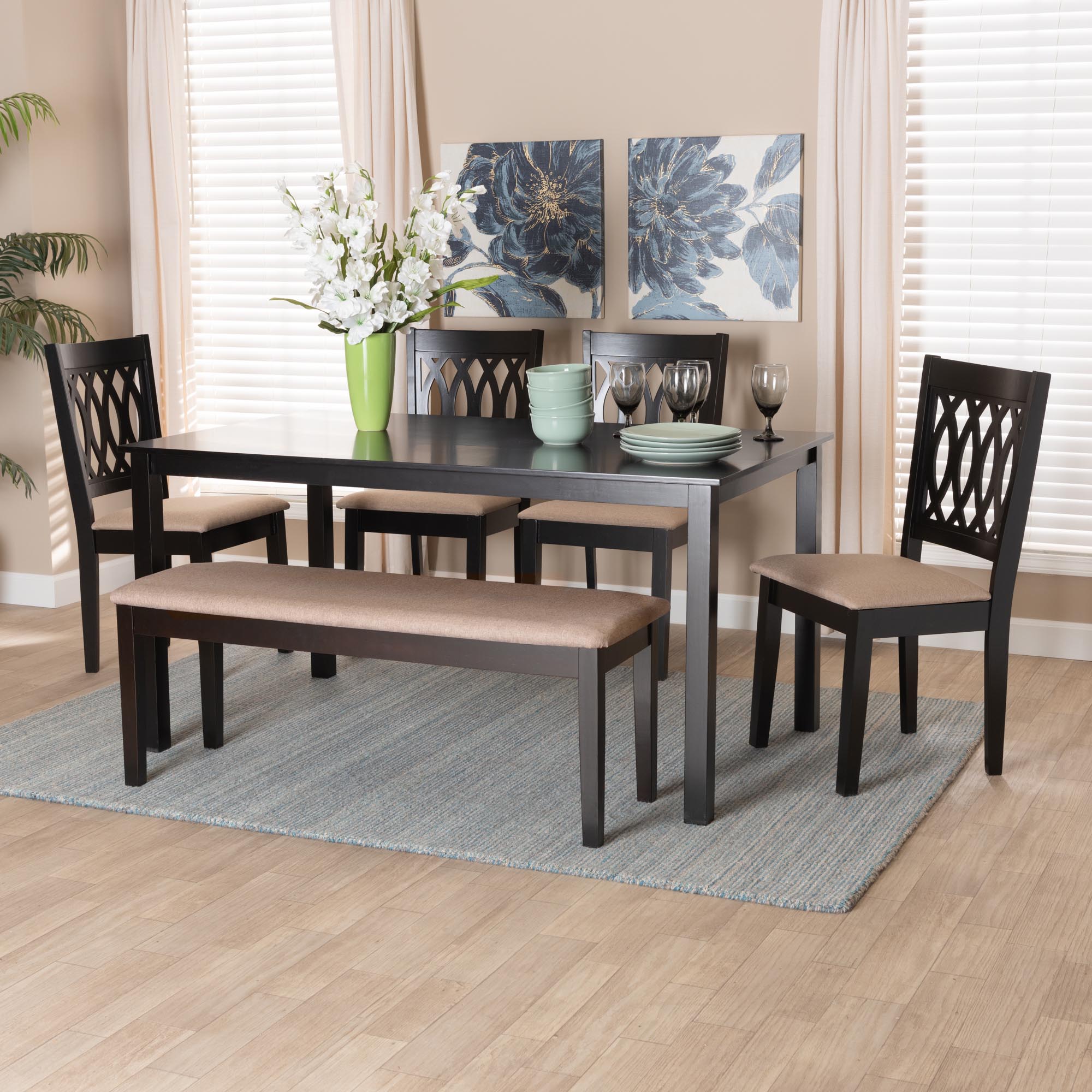 Florencia Modern Beige Fabric and Espresso Brown Finished Wood 6-Piece Dining Set