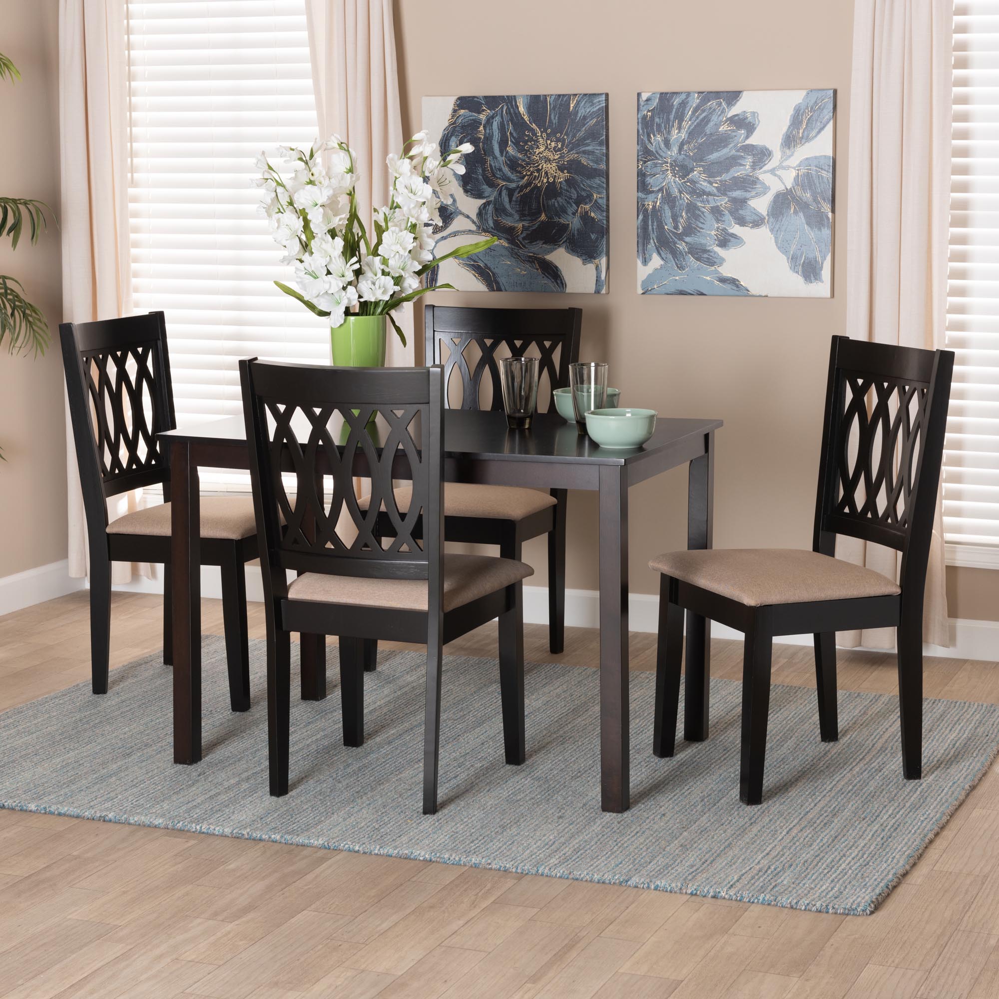 Florencia Modern Beige Fabric and Espresso Brown Finished Wood 5-Piece Dining Set