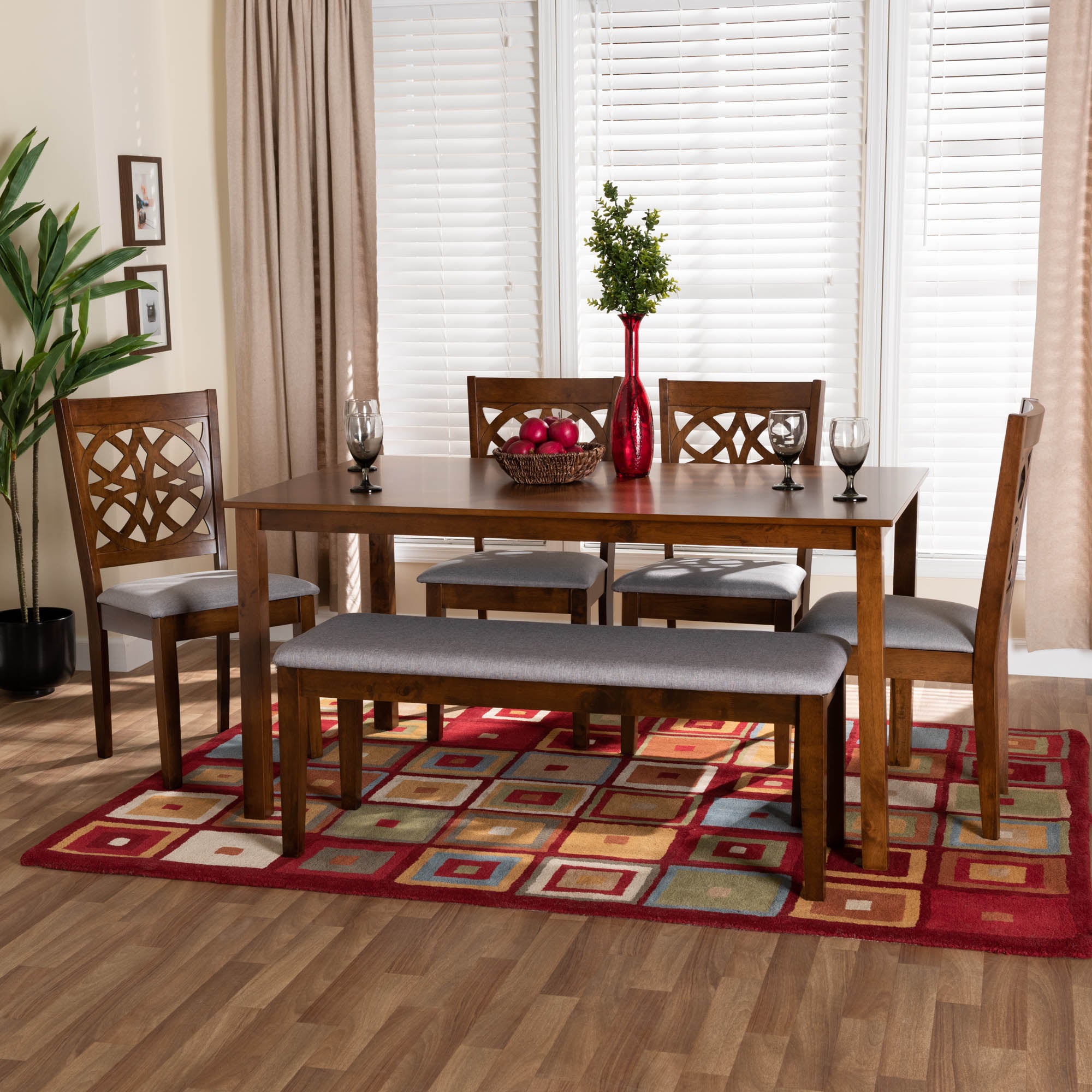 Abigail Modern Grey Fabric and Walnut Brown Finished Wood 6-Piece Dining Set