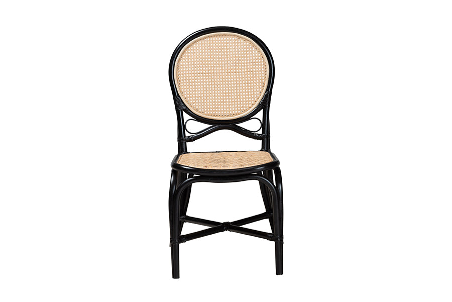 bali & pari Ayana Mid-Century Modern Two-Tone Black and Natural Brown Rattan Dining Chair