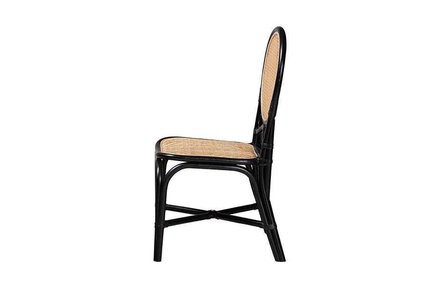 bali & pari Ayana Mid-Century Modern Two-Tone Black and Natural Brown Rattan Dining Chair