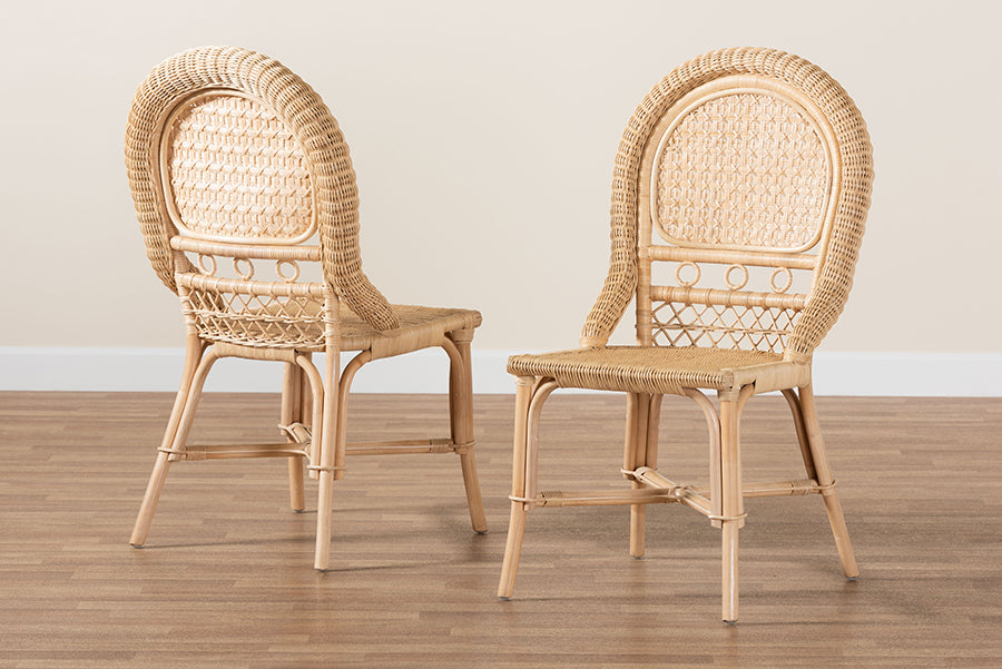 bali & pari Jelita Modern Bohemian Natural Brown Rattan 2-Piece Dining Chair Set
