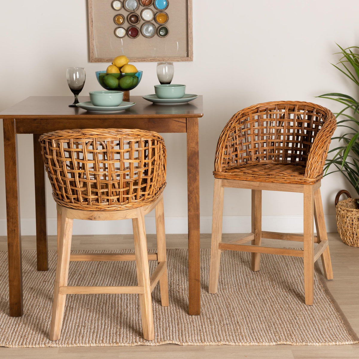 Mario Modern Bohemian Natural Brown Finished Teak Wood and Rattan 2-Piece Counter Stool Set