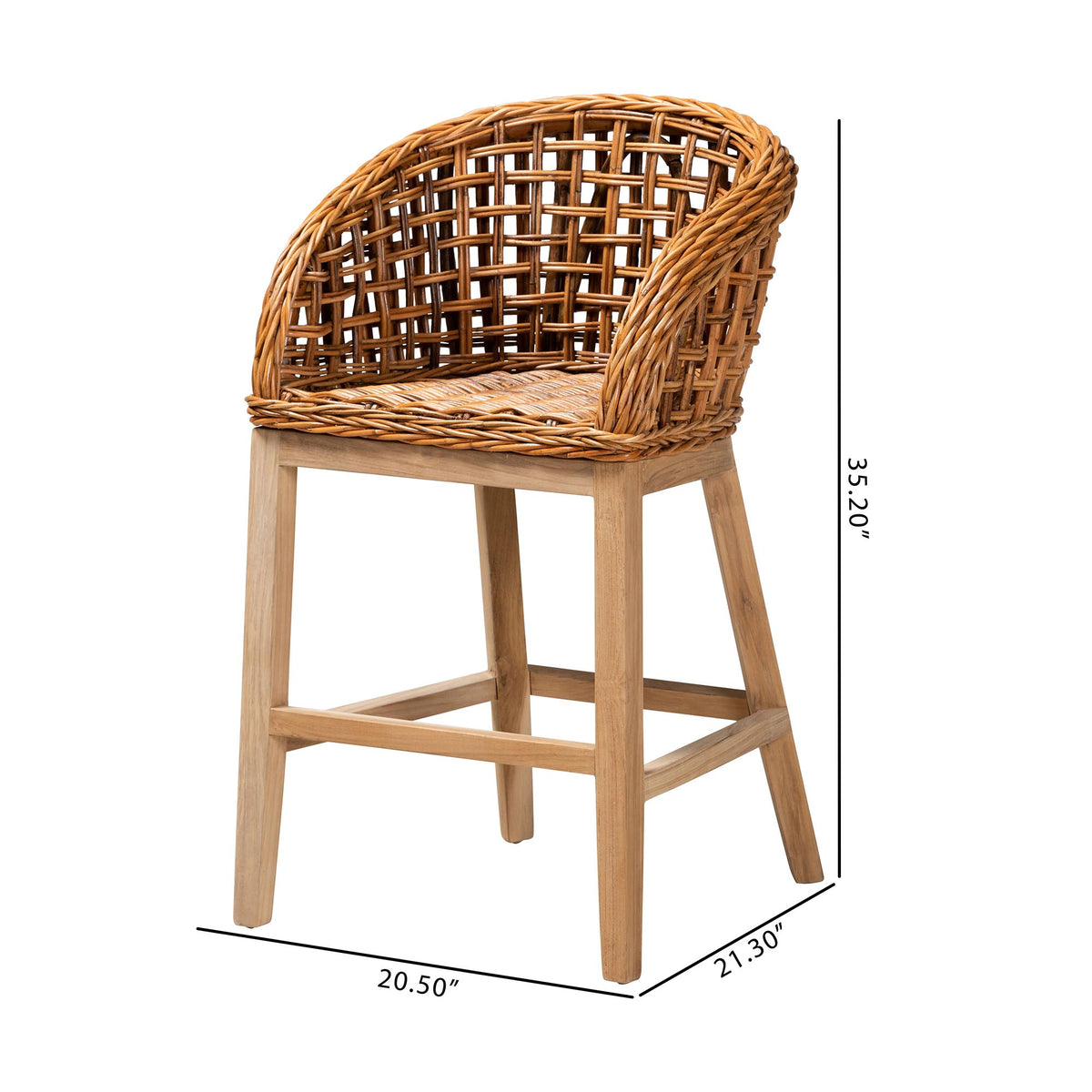 Mario Modern Bohemian Natural Brown Finished Teak Wood and Rattan 2-Piece Counter Stool Set