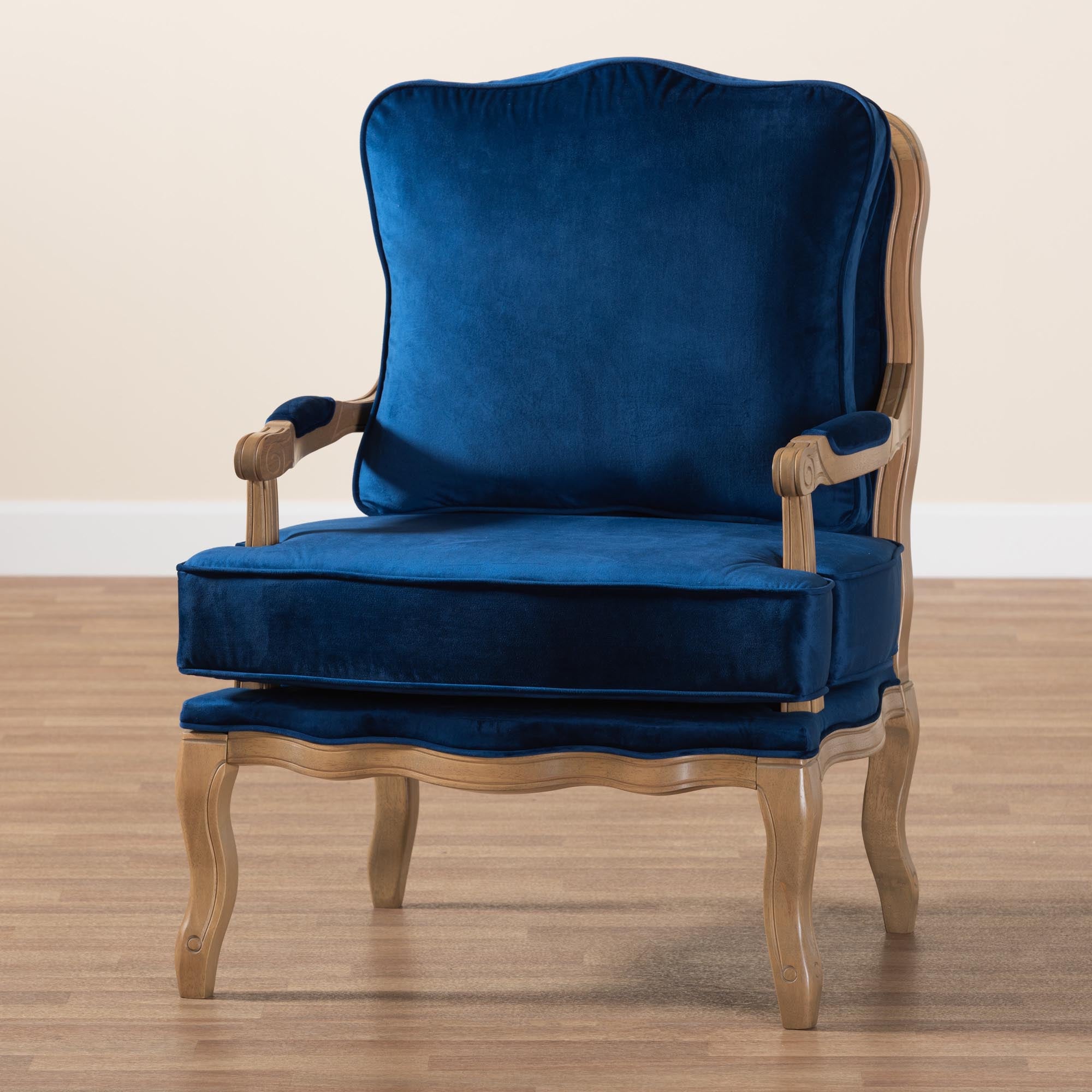 Jules Traditional Navy Blue Fabric and French Oak Brown Finished Wood Accent Chair