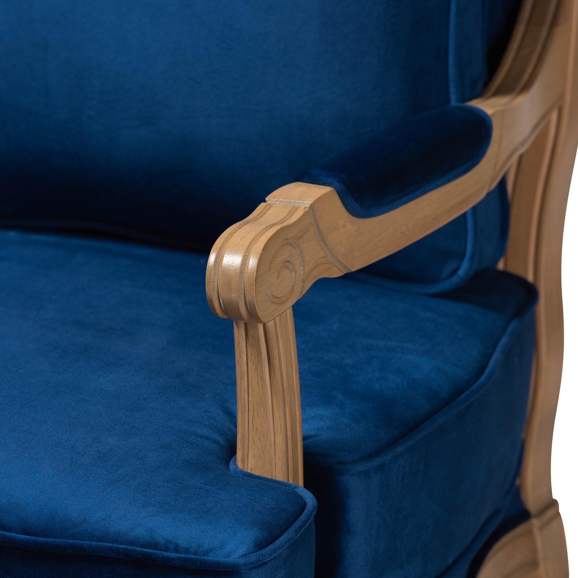 Jules Traditional Navy Blue Fabric and French Oak Brown Finished Wood Accent Chair