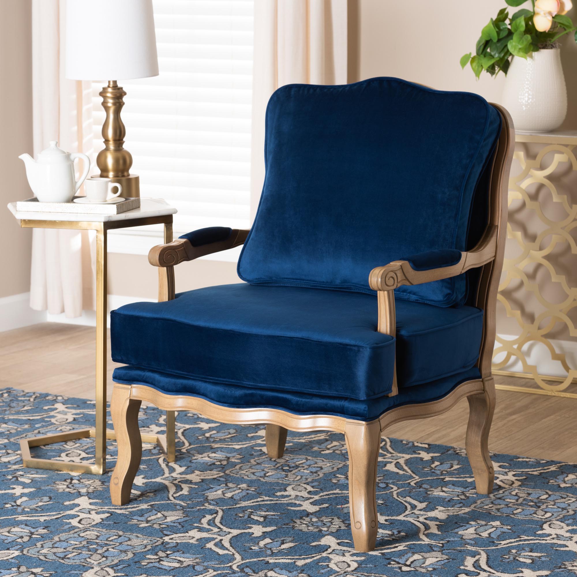 Jules Traditional Navy Blue Fabric and French Oak Brown Finished Wood Accent Chair