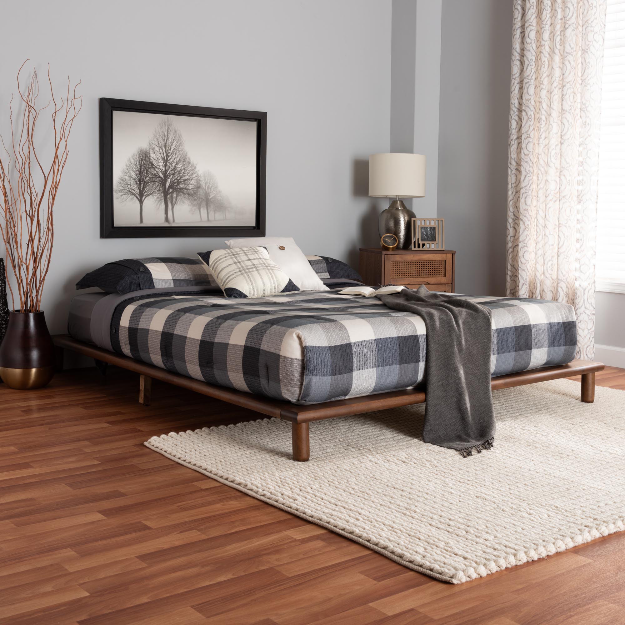 Alivia Mid-Century Modern Walnut Brown Finished Wood Queen Size Bed Frame