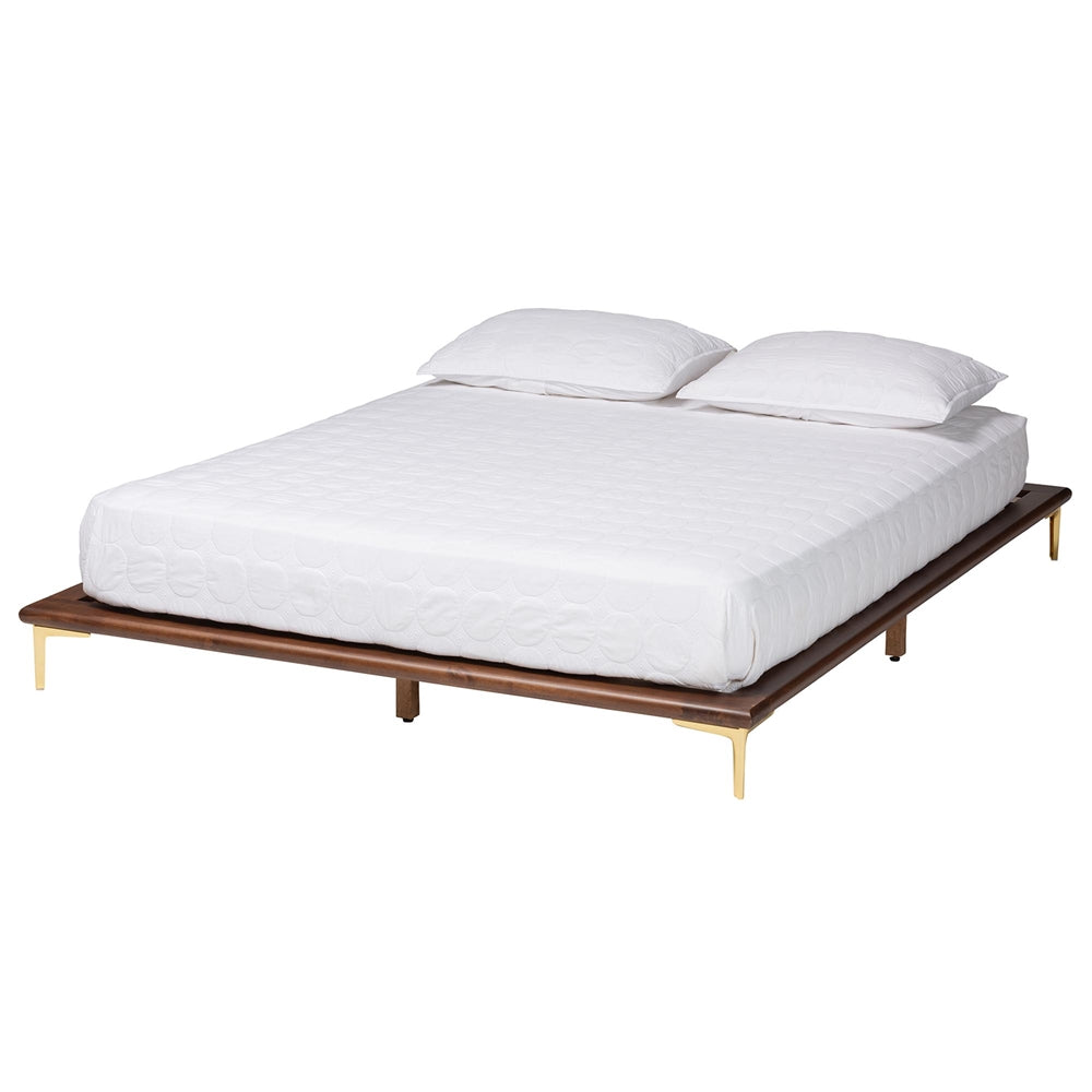 Channary Mid-Century Modern Transitional Walnut Brown Finished Wood And Gold Metal King Size Bed Frame