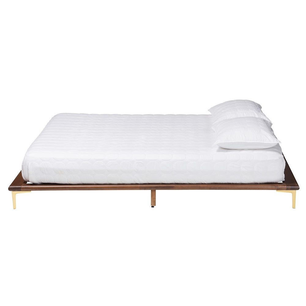 Channary Mid-Century Modern Transitional Walnut Brown Finished Wood And Gold Metal King Size Bed Frame