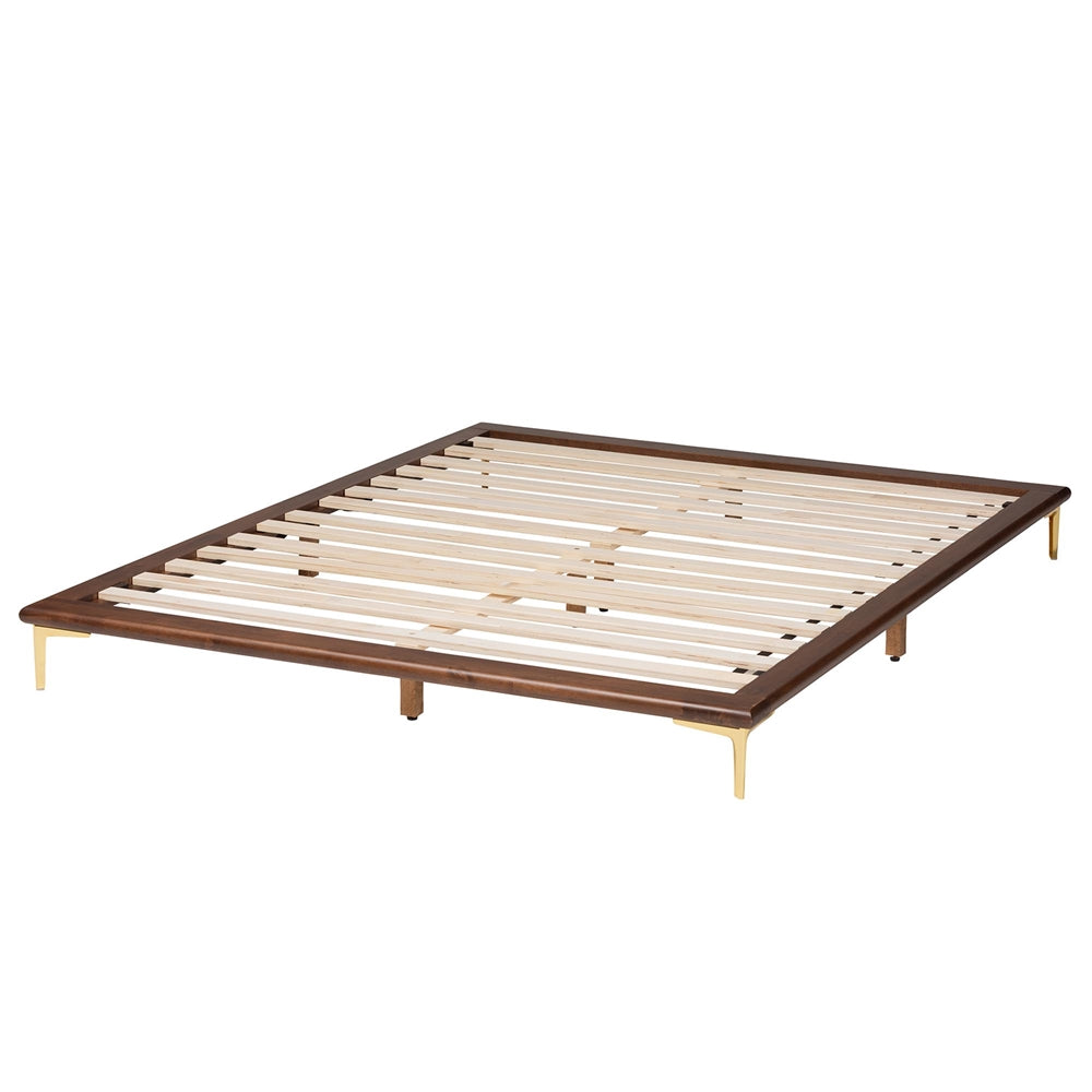 Channary Mid-Century Modern Transitional Walnut Brown Finished Wood And Gold Metal King Size Bed Frame