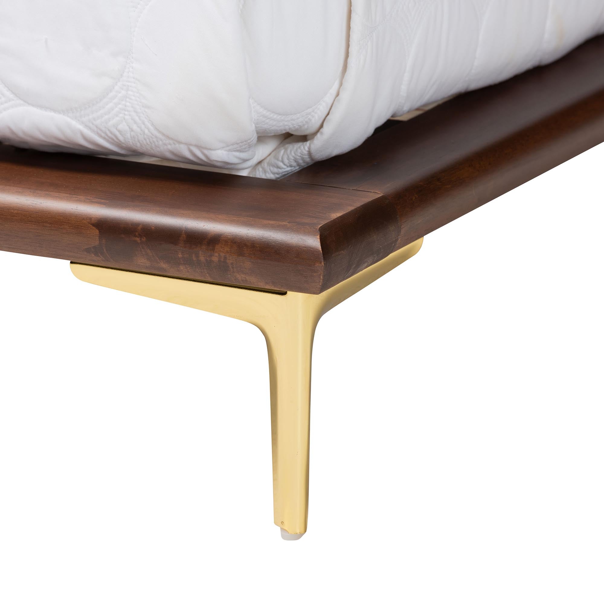 Channary Mid-Century Modern Transitional Walnut Brown Finished Wood And Gold Metal King Size Bed Frame