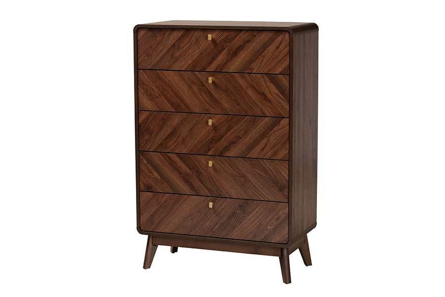 Markell Mid-Century Modern Transitional Walnut Brown Finished Wood 5-Drawer Storage Chest