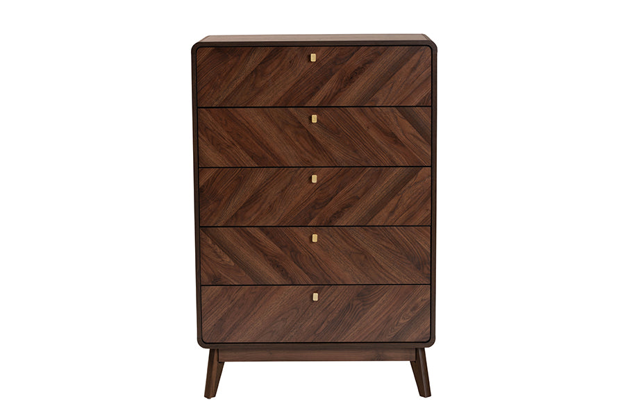 Markell Mid-Century Modern Transitional Walnut Brown Finished Wood 5-Drawer Storage Chest