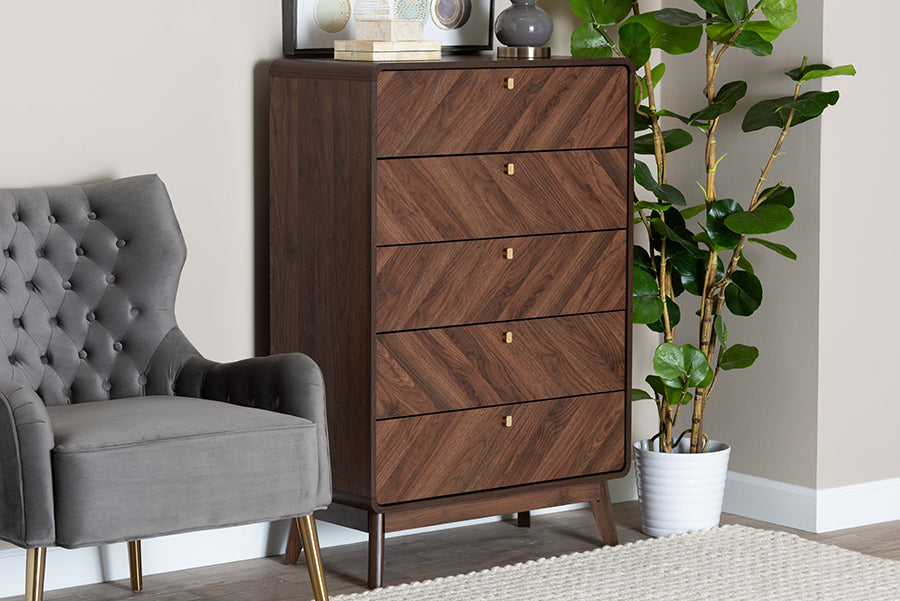 Markell Mid-Century Modern Transitional Walnut Brown Finished Wood 5-Drawer Storage Chest