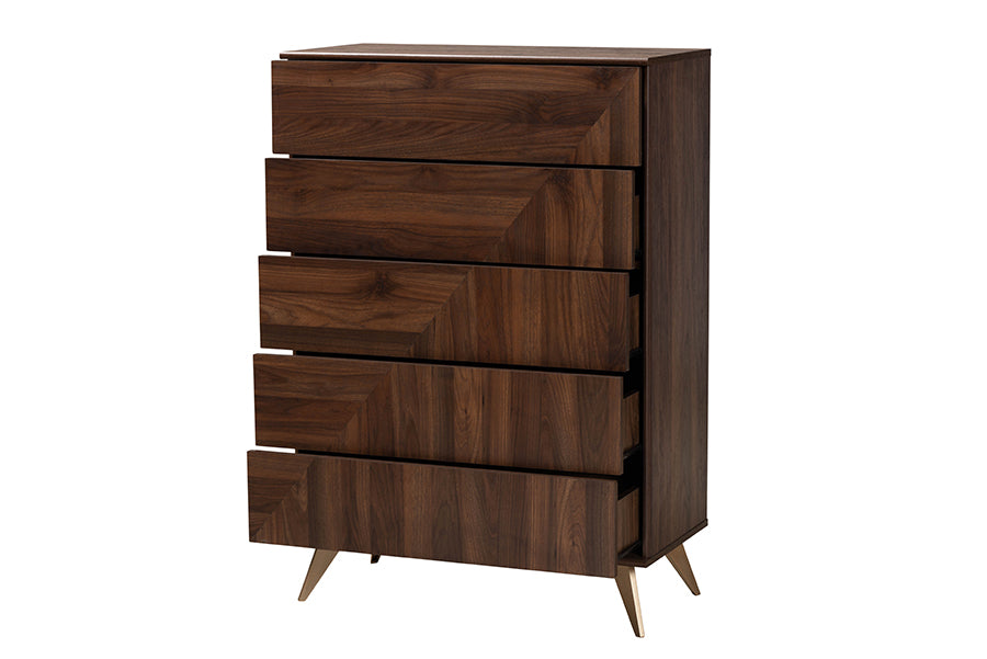 Graceland Mid-Century Modern Transitional Walnut Brown Finished Wood 5-Drawer Storage Chest
