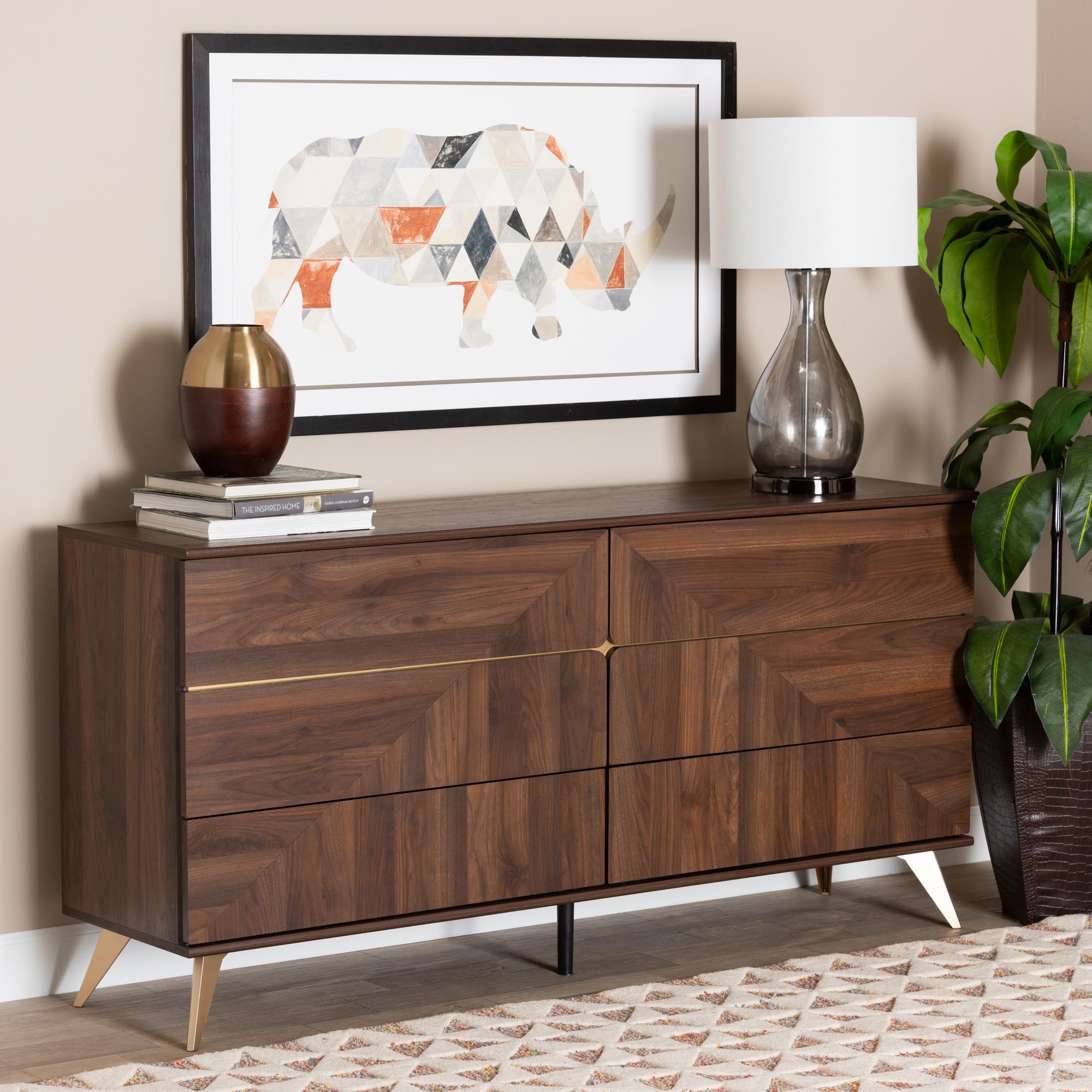 Graceland Mid-Century Modern Transitional Walnut Brown Finished Wood 6-Drawer Dresser