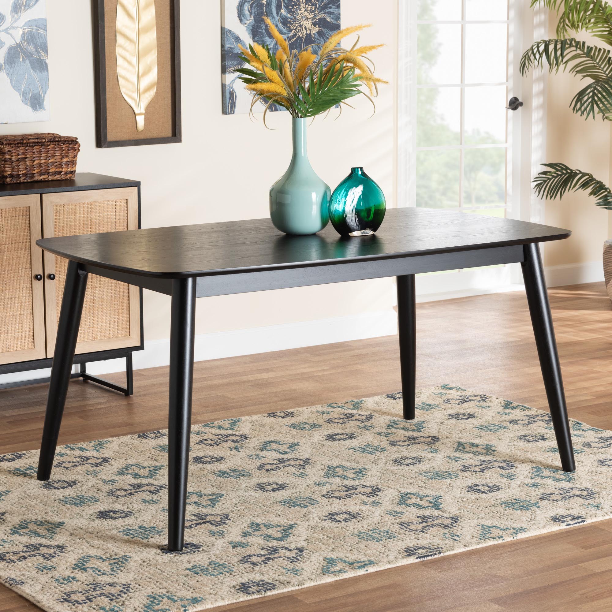 Flora Mid-Century Modern Black Finished Wood Dining Table