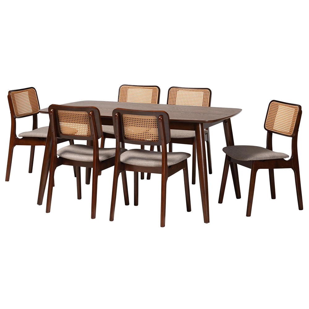 Dannon Mid-Century Modern Grey Fabric and Walnut Brown Finished Wood 7-Piece Dining Set