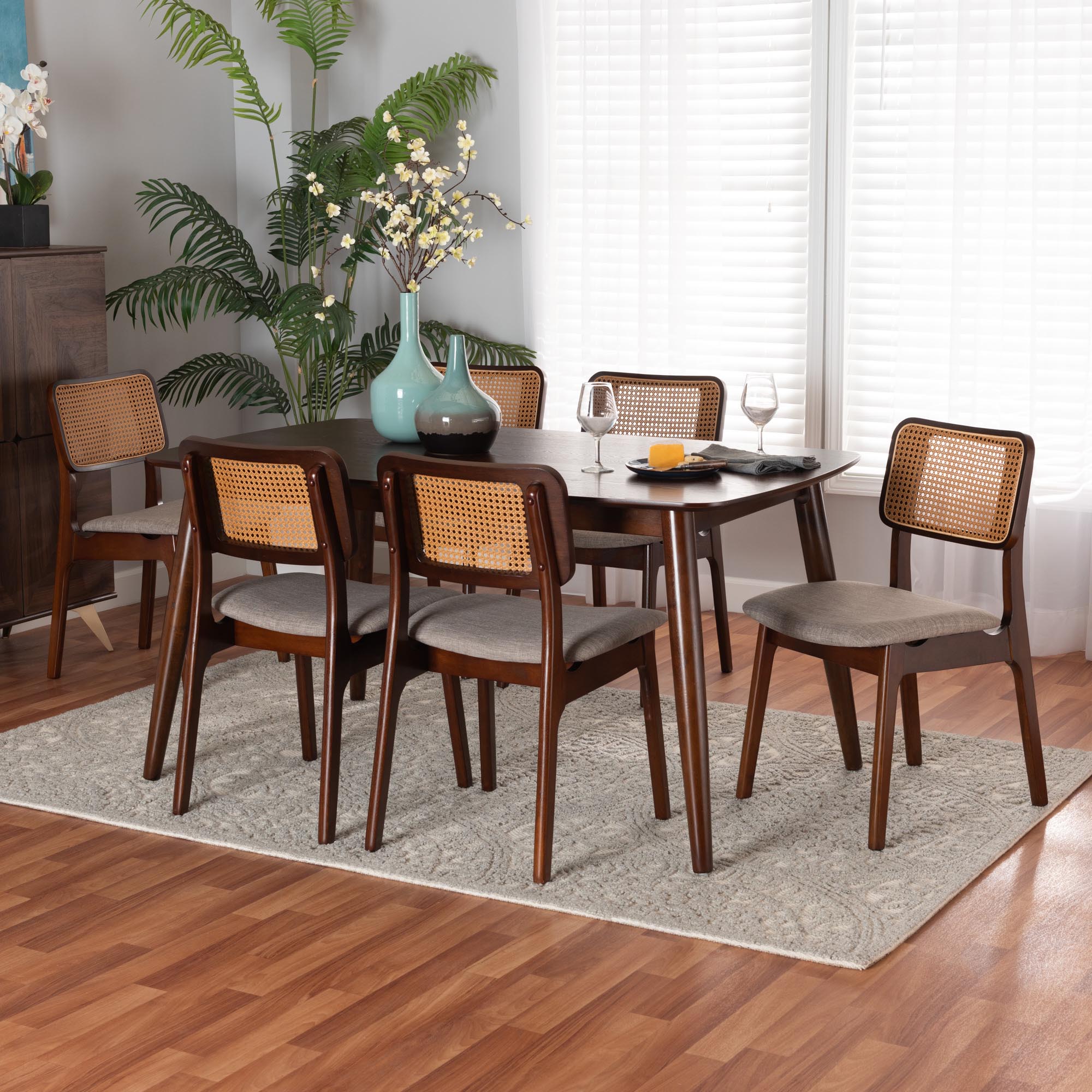 Dannon Mid-Century Modern Grey Fabric and Walnut Brown Finished Wood 7-Piece Dining Set