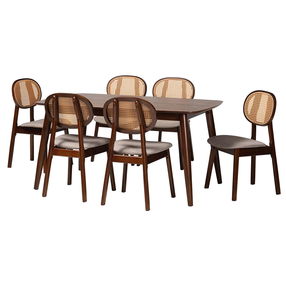 Darrion Mid-Century Modern Grey Fabric and Walnut Brown Finished Wood 7-Piece Dining Set