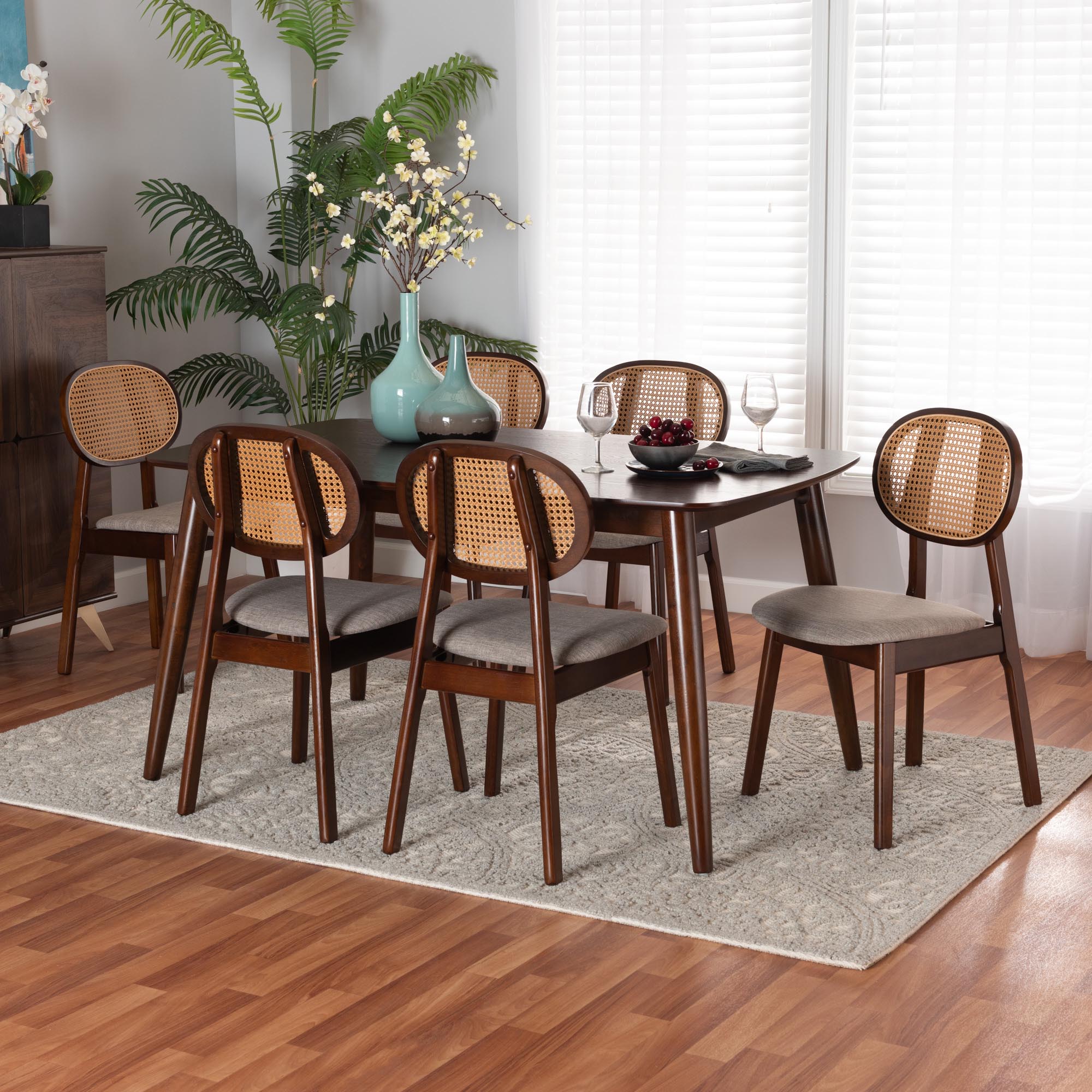 Darrion Mid-Century Modern Grey Fabric and Walnut Brown Finished Wood 7-Piece Dining Set
