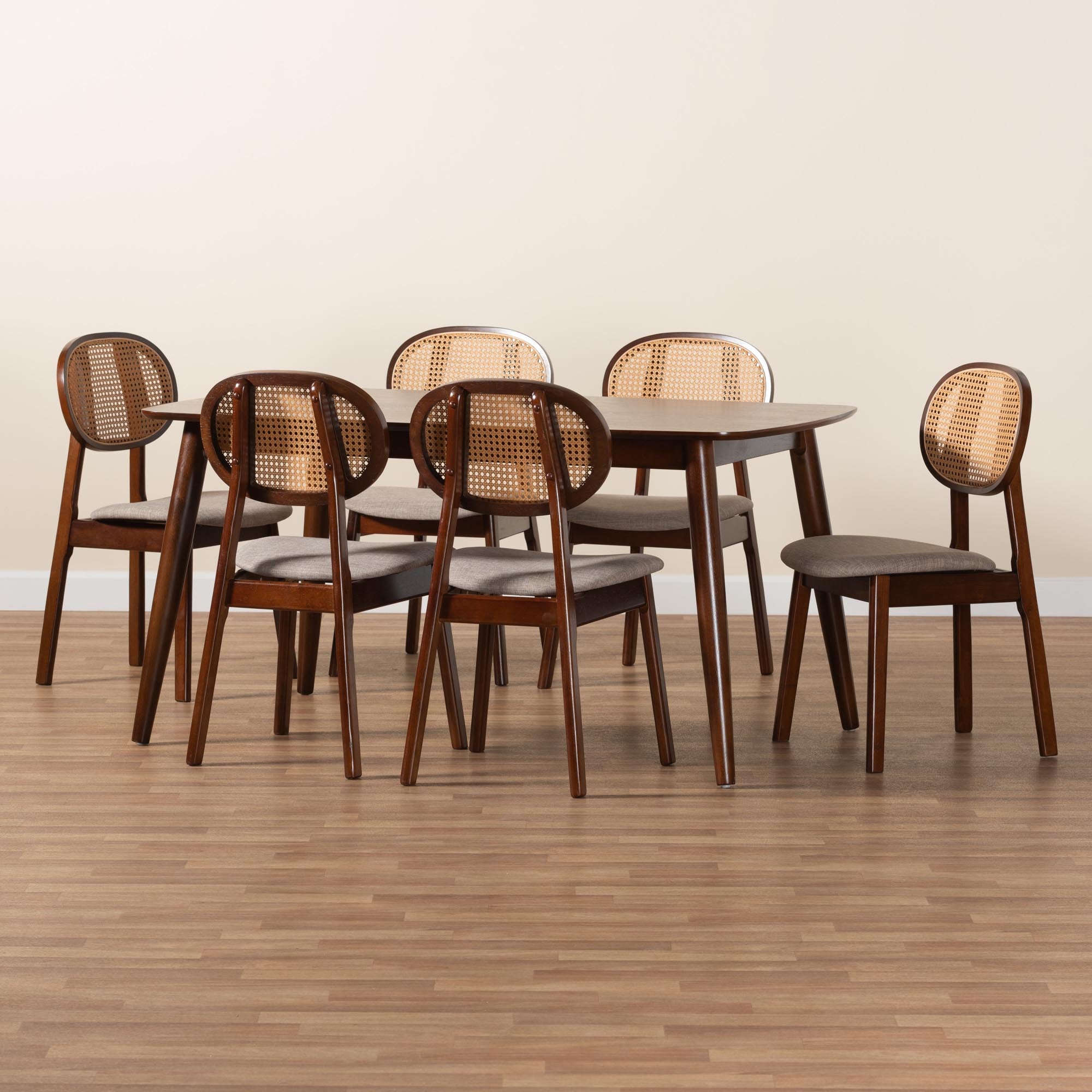 Darrion Mid-Century Modern Grey Fabric and Walnut Brown Finished Wood 7-Piece Dining Set