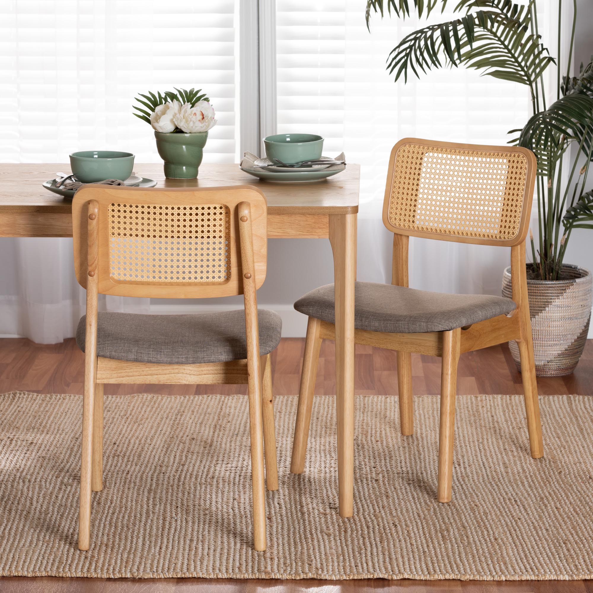 Dannon Mid-Century Modern Grey Fabric and Ntural Oak Finished Wood 2-Piece Dining Chair Set
