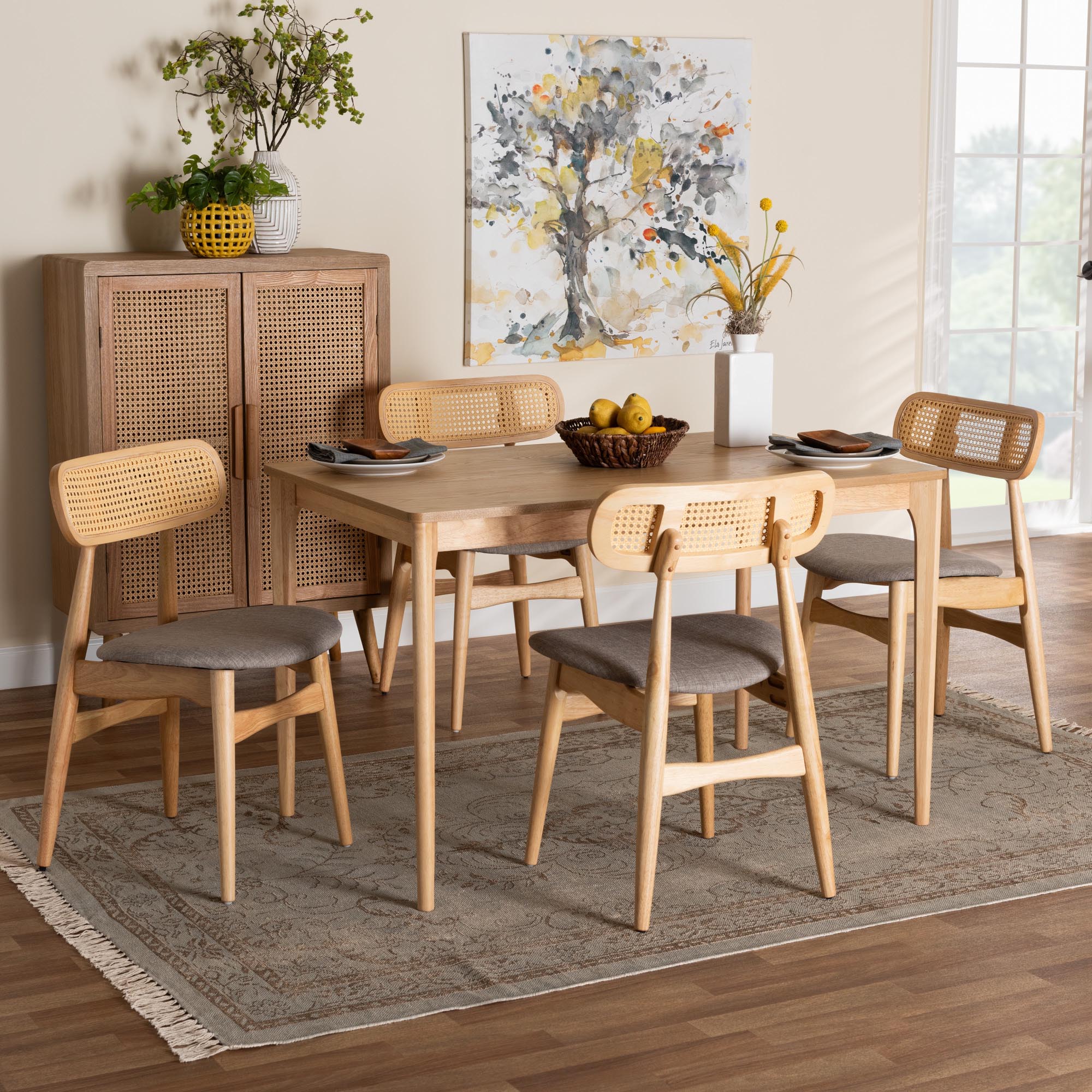 Tarana Mid-Century Modern Grey Fabric and Natural Oak Finished Wood 5-Piece Dining Set