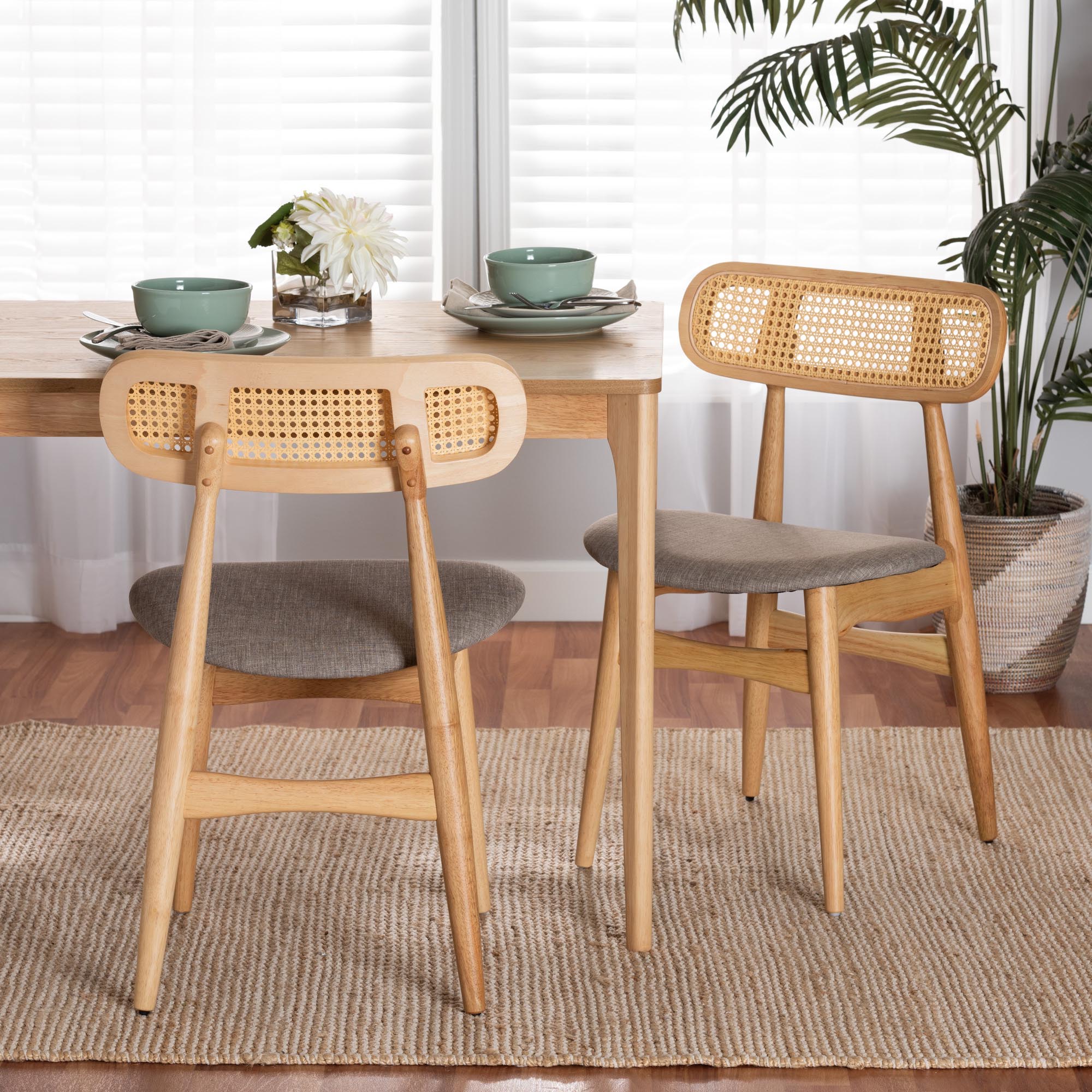 Tarana Mid-Century Modern Grey Fabric and Natural Oak Finished Wood 2-Piece Dining Chair Set