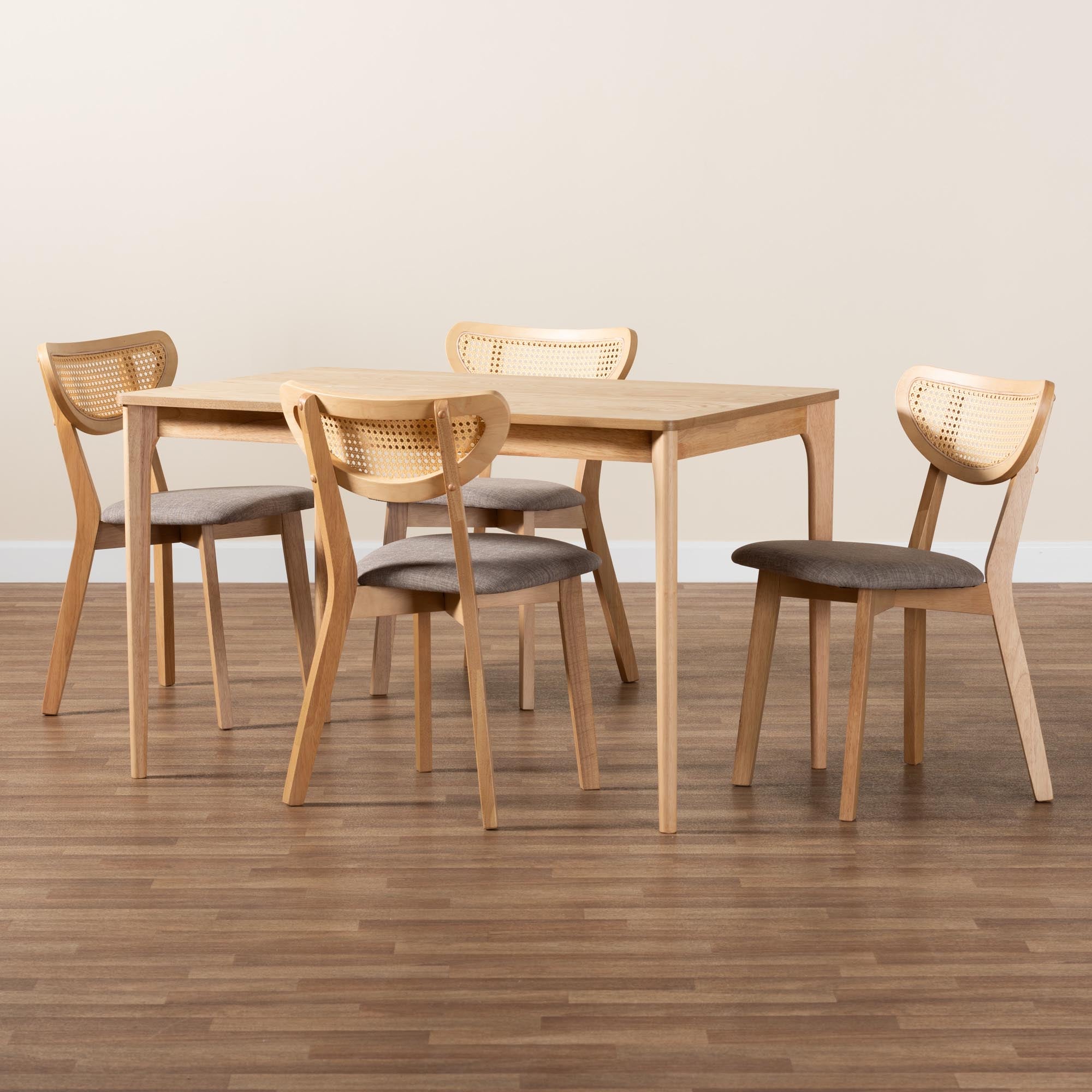 Dannell Mid-Century Modern Grey Fabric and Natural Oak Finished Wood 5-Piece Dining Set