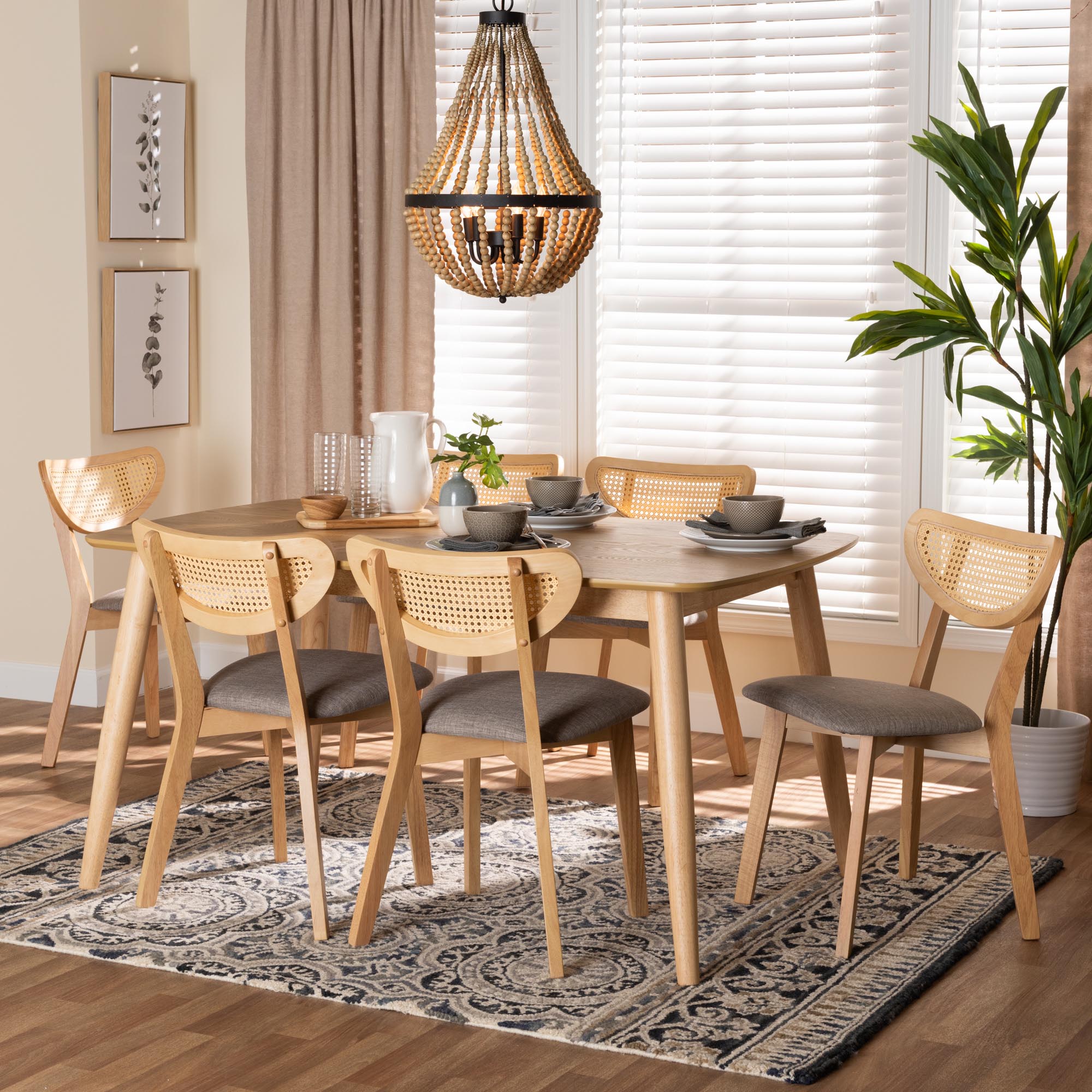 Dannell Mid-Century Modern Grey Fabric and Natural Oak Finished Wood 7-Piece Dining Set