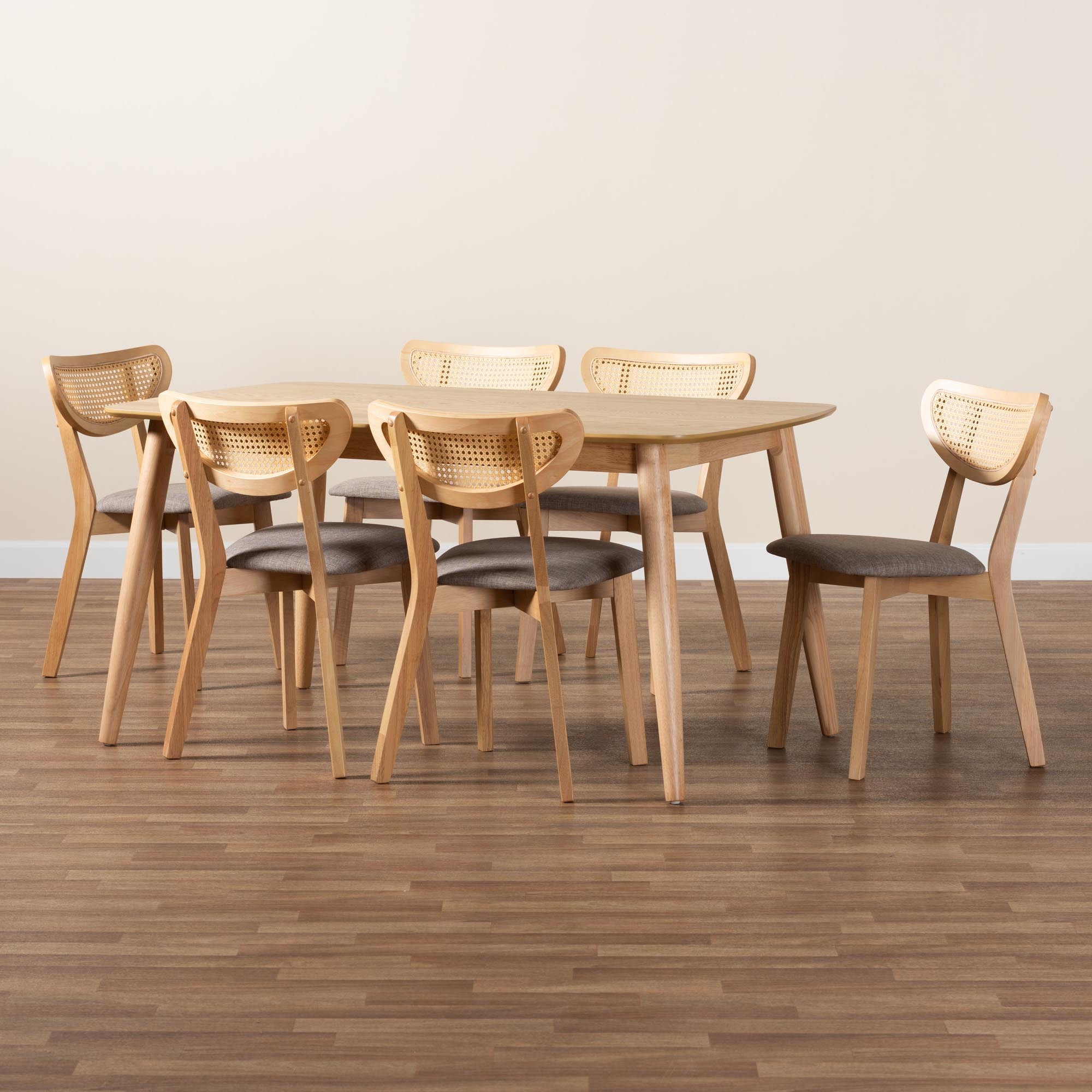 Dannell Mid-Century Modern Grey Fabric and Natural Oak Finished Wood 7-Piece Dining Set