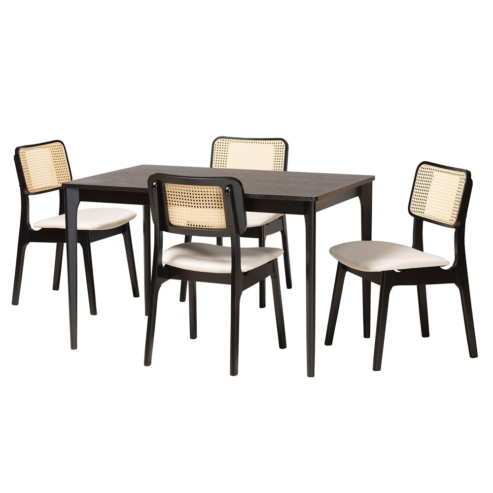Dannon Mid-Century Modern Cream Fabric and Black Finished Wood 5-Piece Dining Set