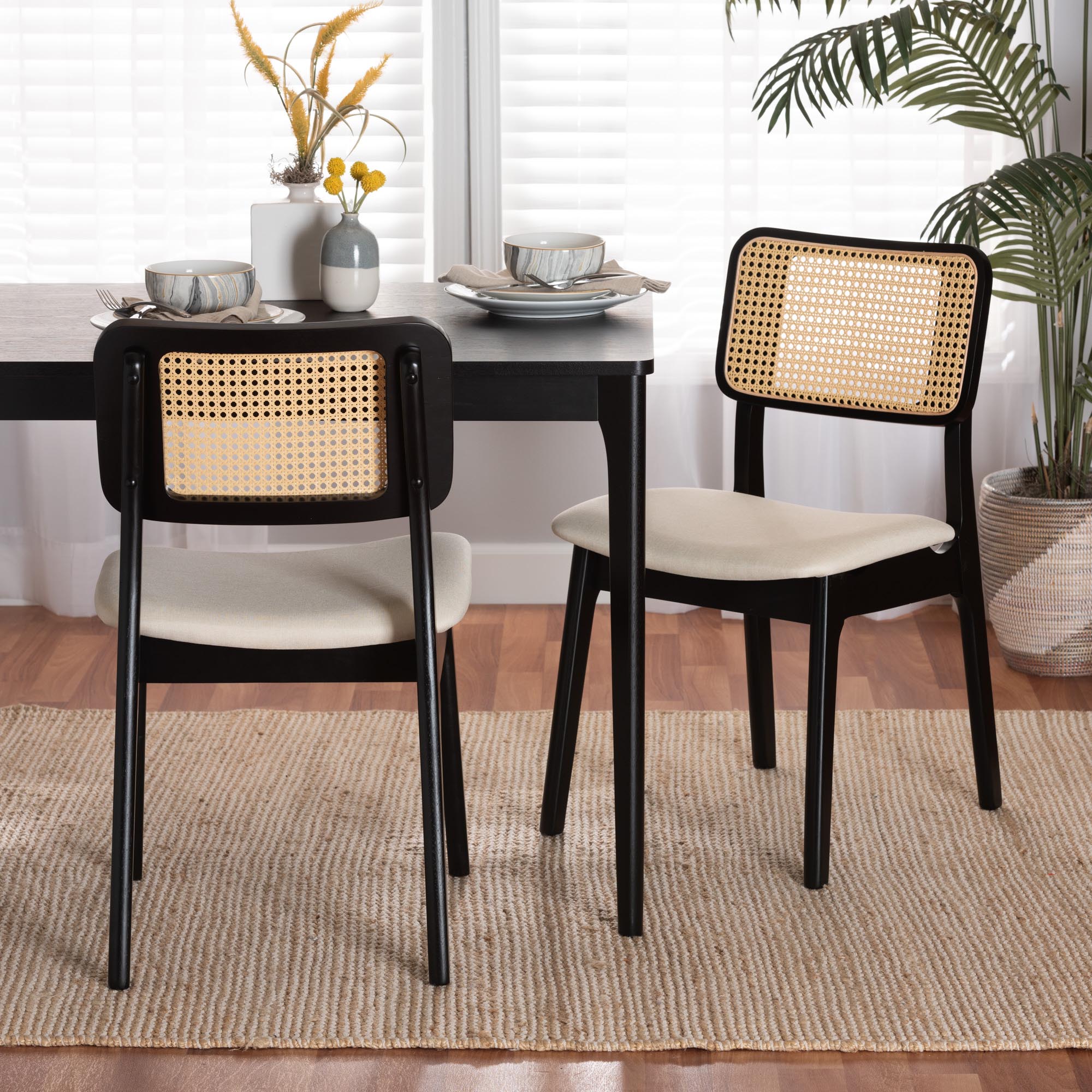Dannon Mid-Century Modern Cream Fabric and Black Finished Wood 2-Piece Dining Chair Set