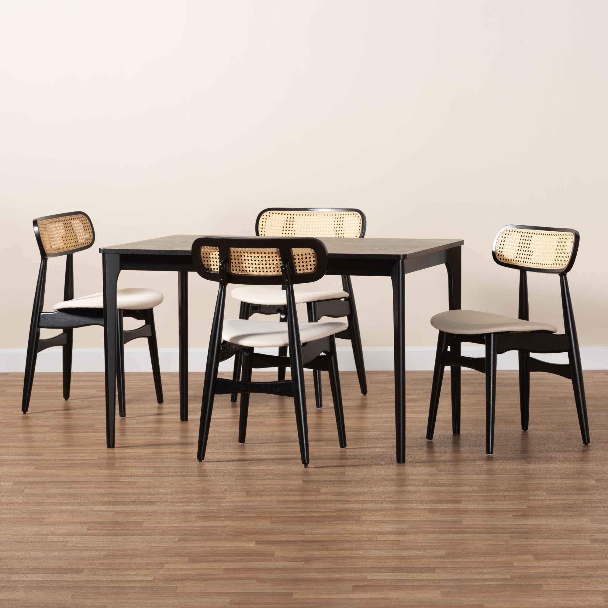 Tarana Mid-Century Modern Cream Fabric and Black Finished Wood 5-Piece Dining Set