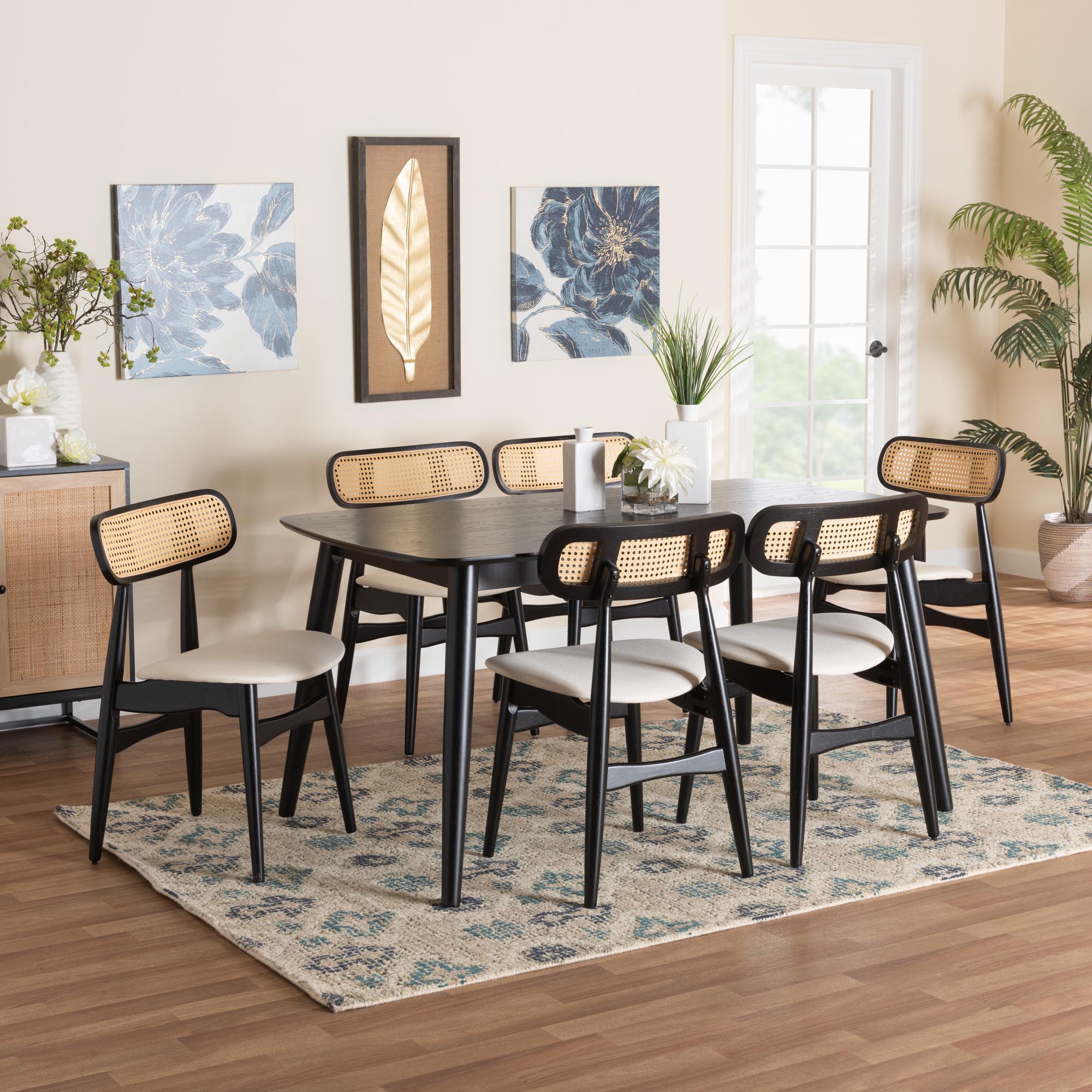 Tarana Mid-Century Modern Cream Fabric and Black Finished Wood 7-Piece Dining Set