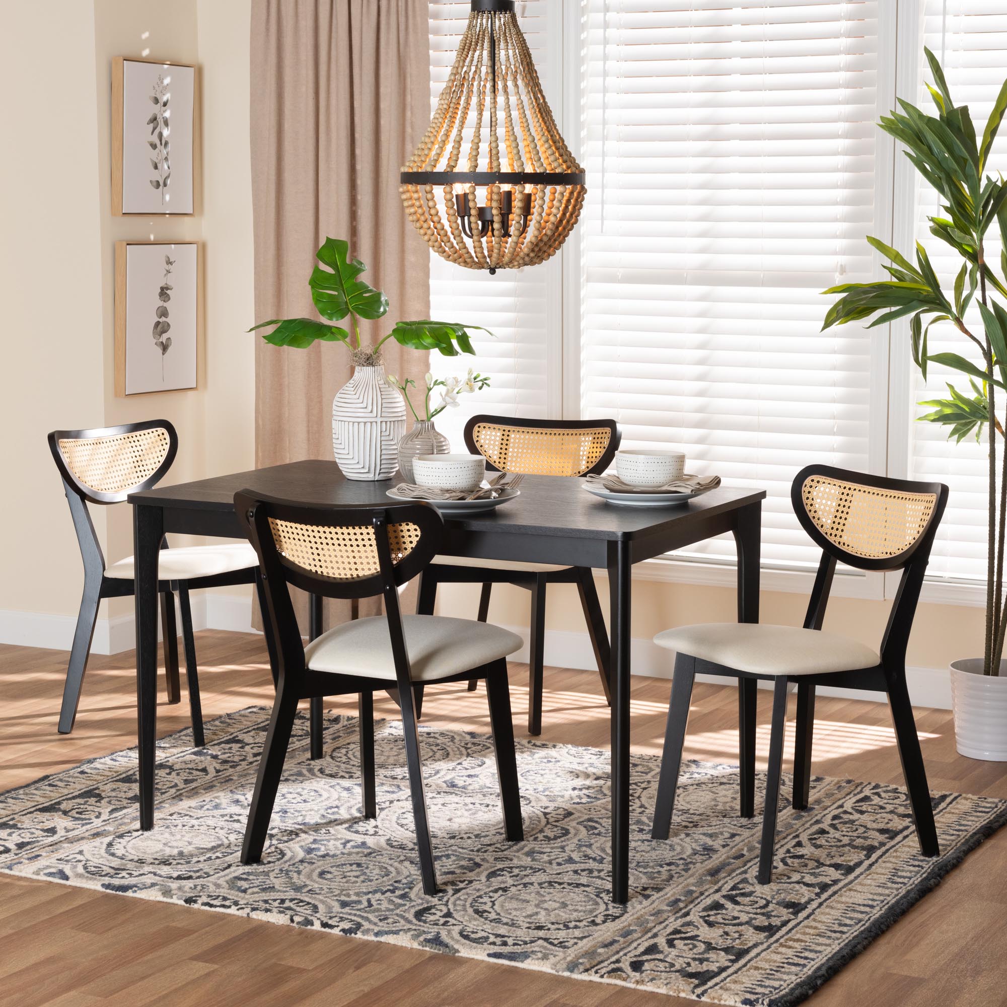 Dannell Mid-Century Modern Cream Fabric and Black Finished Wood 5-Piece Dining Set