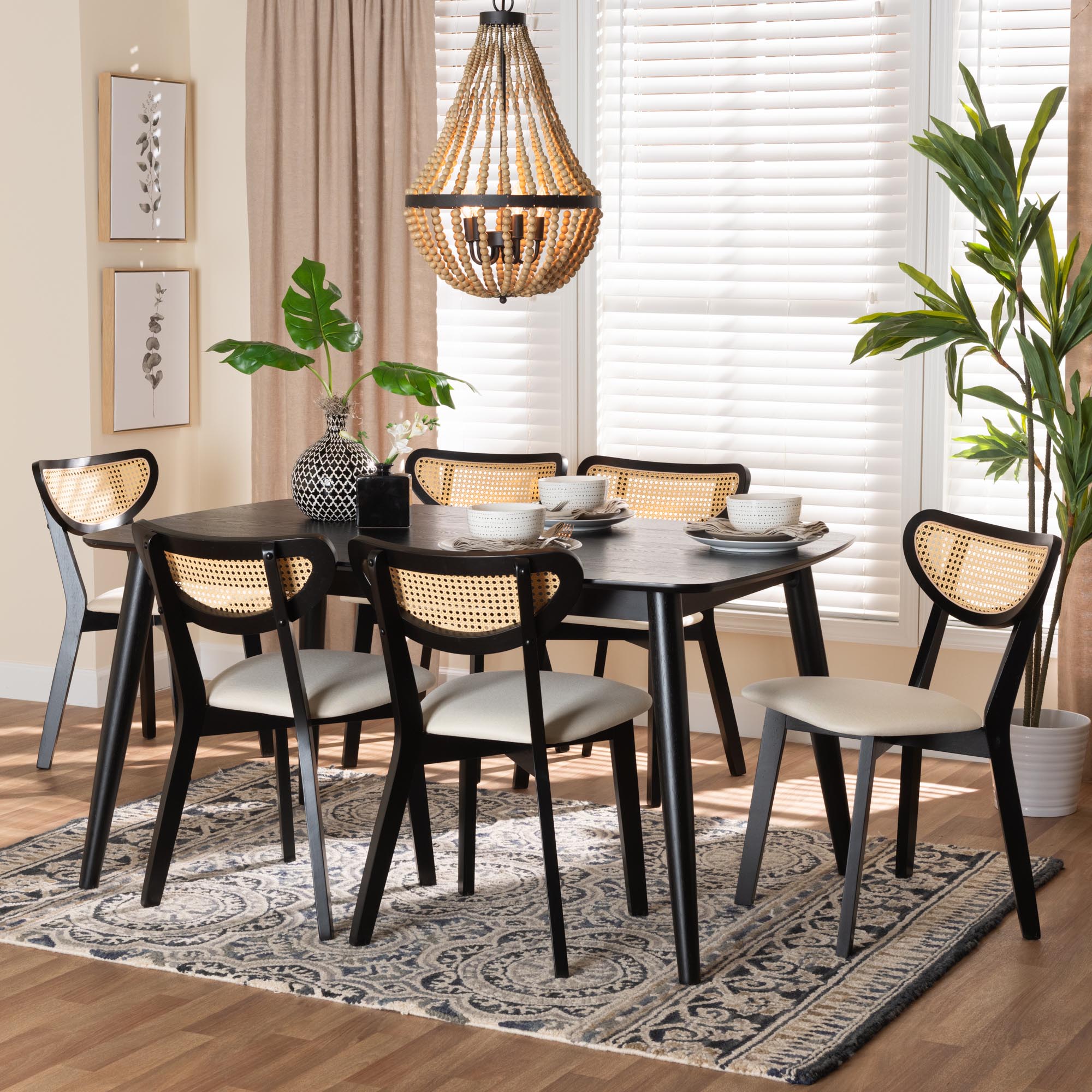 Dannell Mid-Century Modern Cream Fabric and Black Finished Wood 7-Piece Dining Set