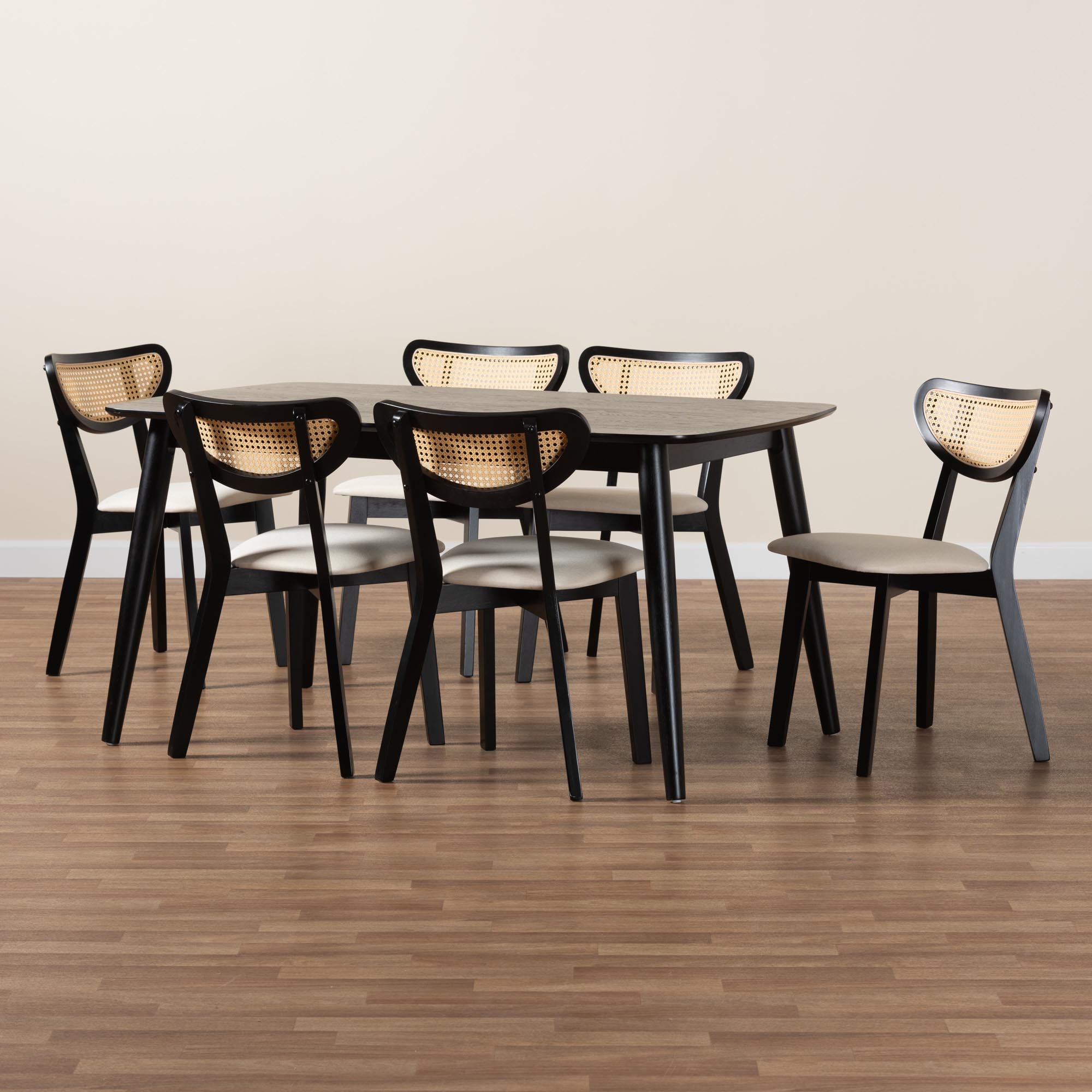 Dannell Mid-Century Modern Cream Fabric and Black Finished Wood 7-Piece Dining Set