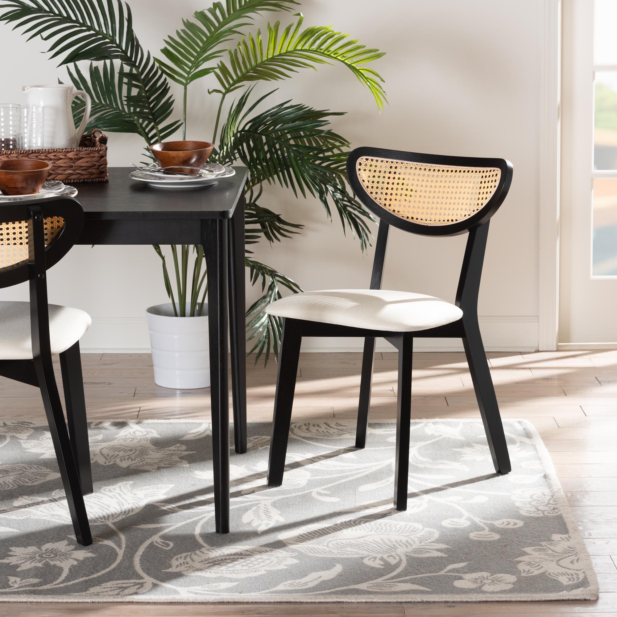Dannell Mid-Century Modern Cream Fabric and Black Finished Wood Dining Chair
