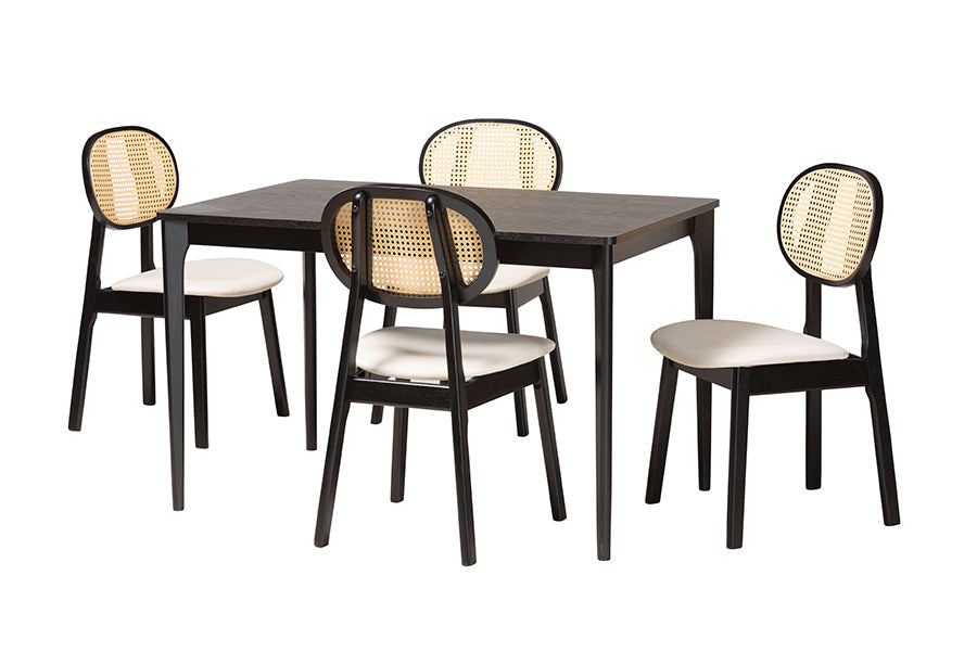 Darrion Mid-Century Modern Cream Fabric and Black Finished Wood 5-Piece Dining Set