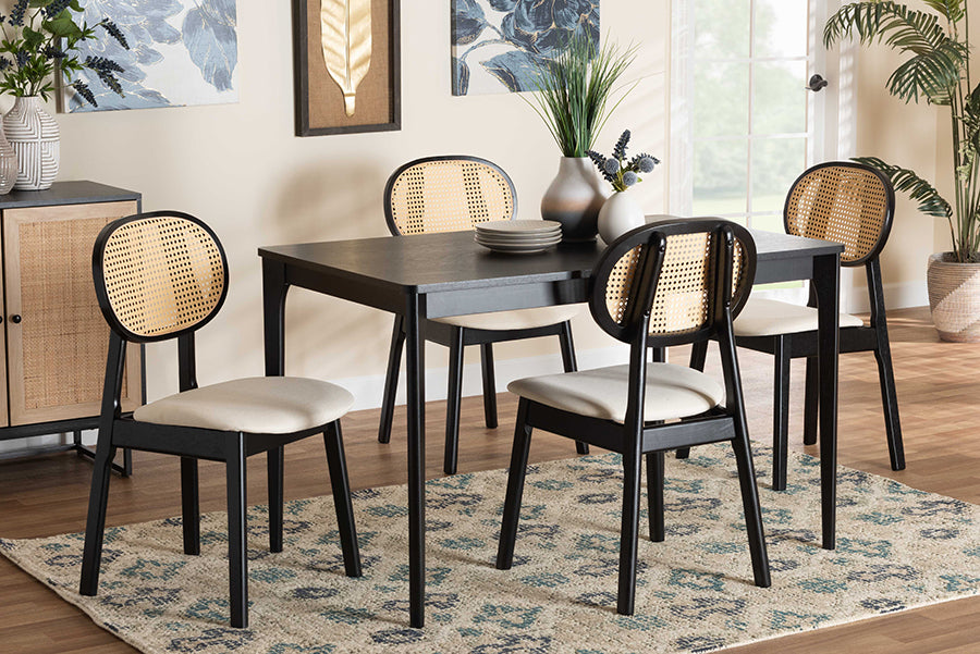 Darrion Mid-Century Modern Cream Fabric and Black Finished Wood 5-Piece Dining Set