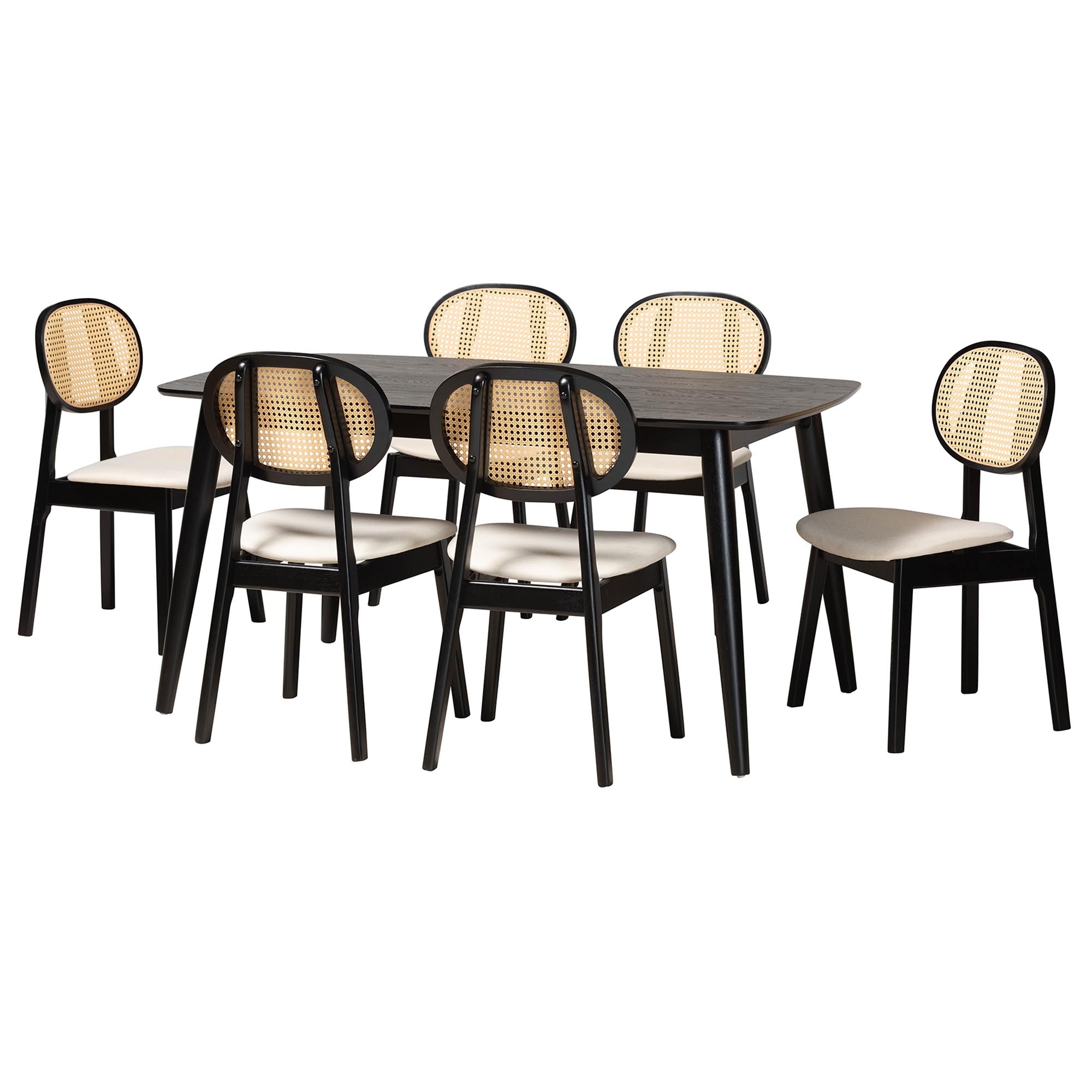 Darrion Mid-Century Modern Cream Fabric and Black Finished Wood 7-Piece Dining Set