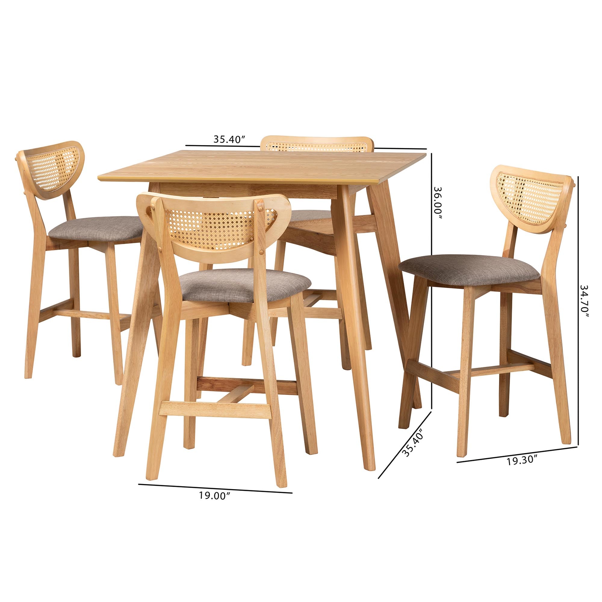 Dannell Mid-Century Modern Grey Fabric and Natural Oak Finished Wood 5-Piece Pub Set