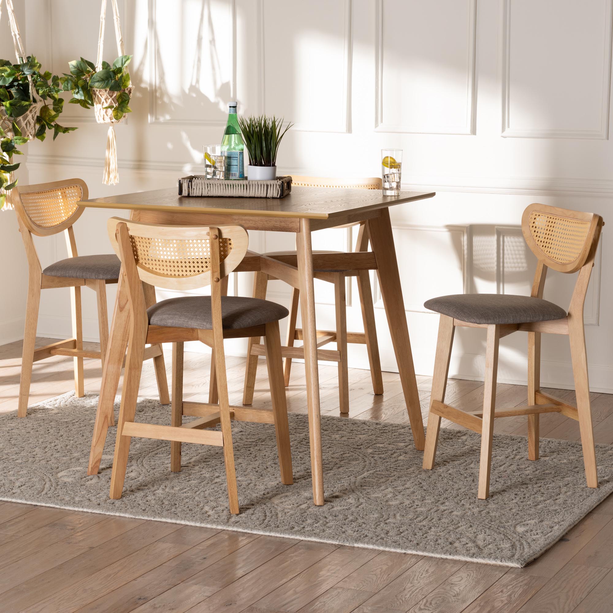 Dannell Mid-Century Modern Grey Fabric and Natural Oak Finished Wood 5-Piece Pub Set