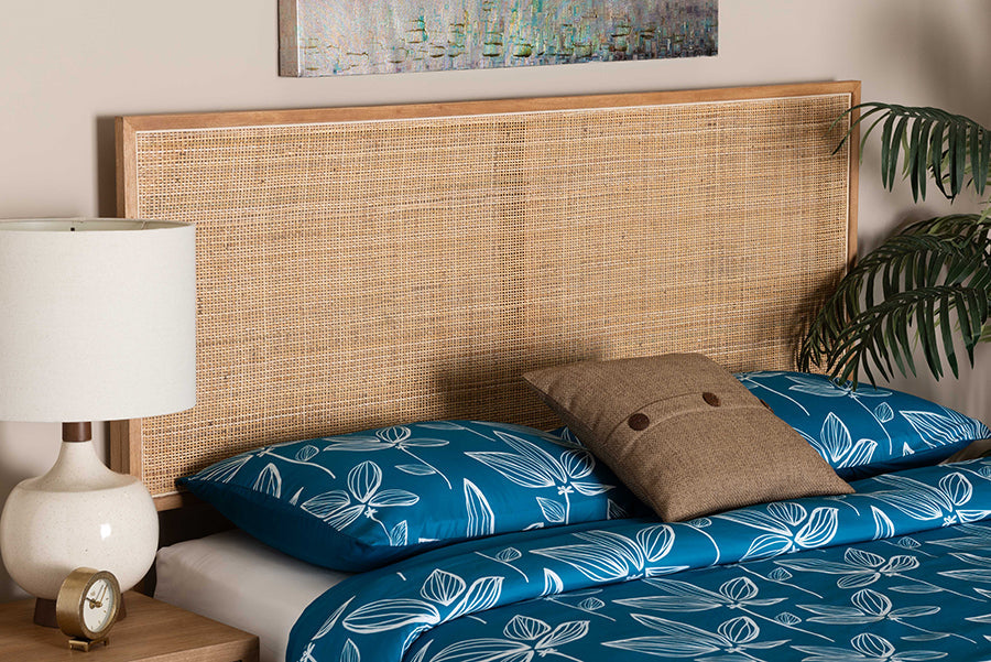 bali & pari Aurelia Modern Bohemian Natural Brown Finished Bayur Wood and Rattan Queen Size Headboard