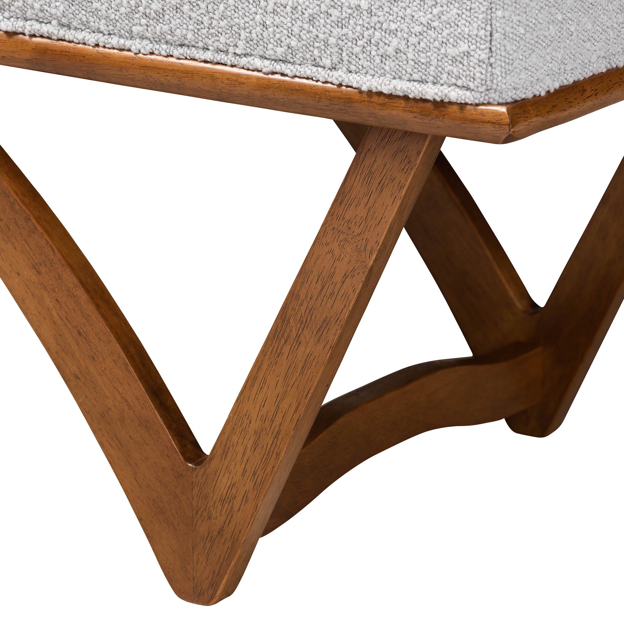 Chenoa Japandi Light Grey Boucle Fabric and Walnut Brown Finished Wood Bench
